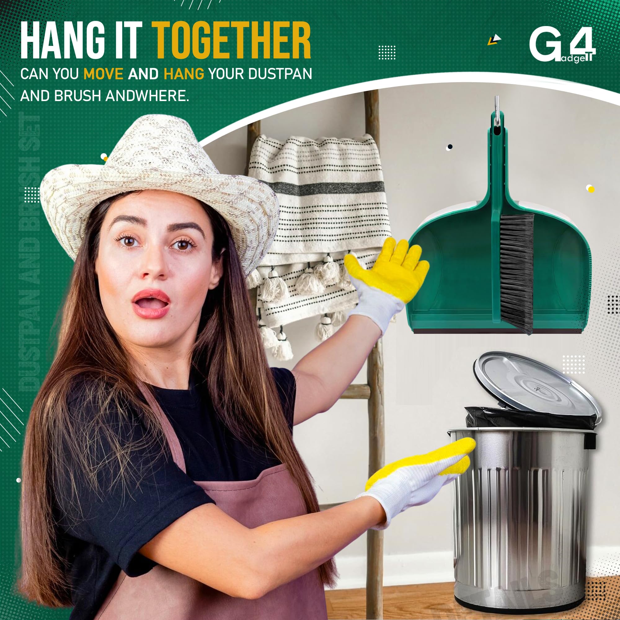 G4GADGET Heavy Duty Jumbo Dustpan and Brush Set - Large Size, Clip-On Storage | Green 2