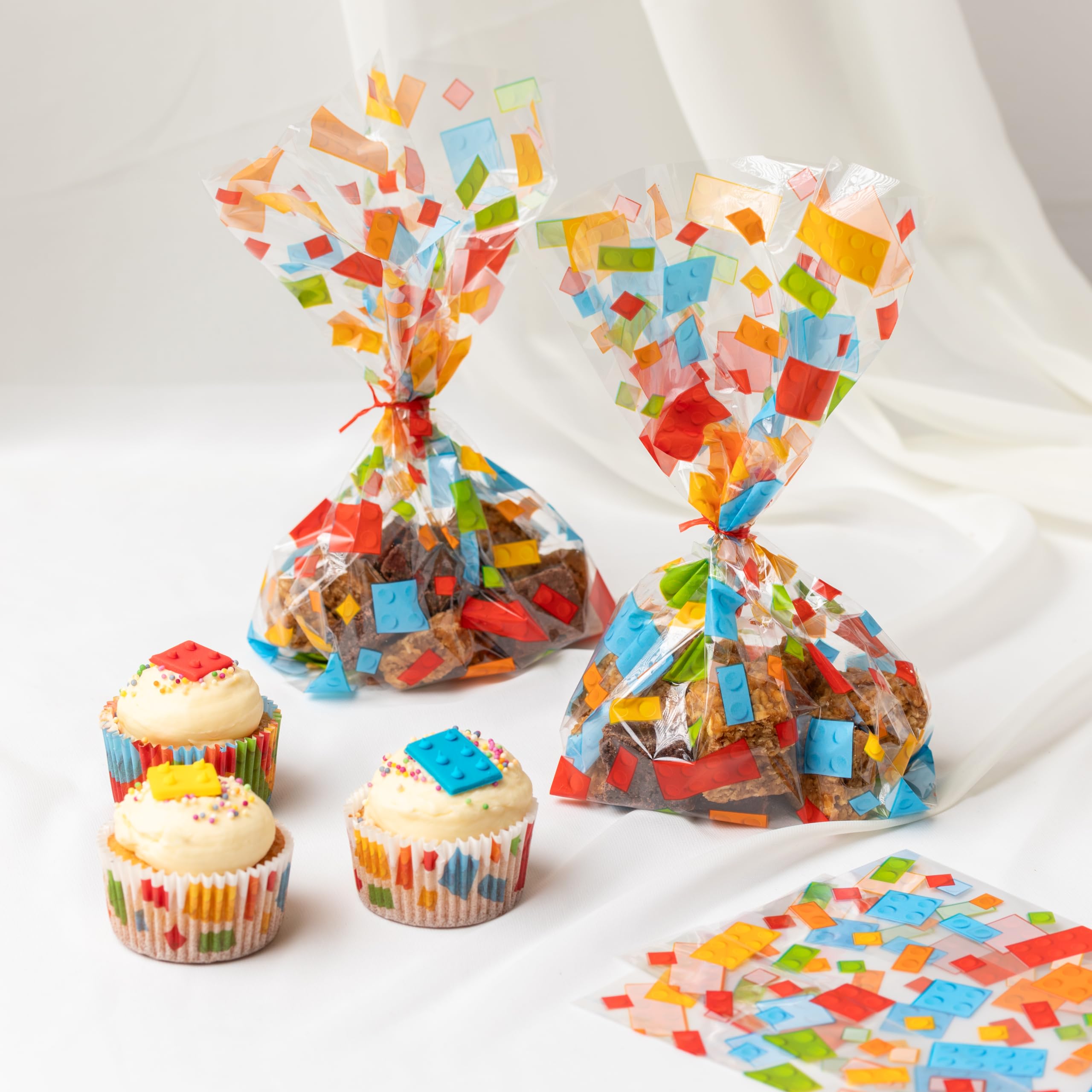 Anniversary House Pack of 40 Building Blocks Party Bags | 100% BOPP Material | Includes Twist Ties 4