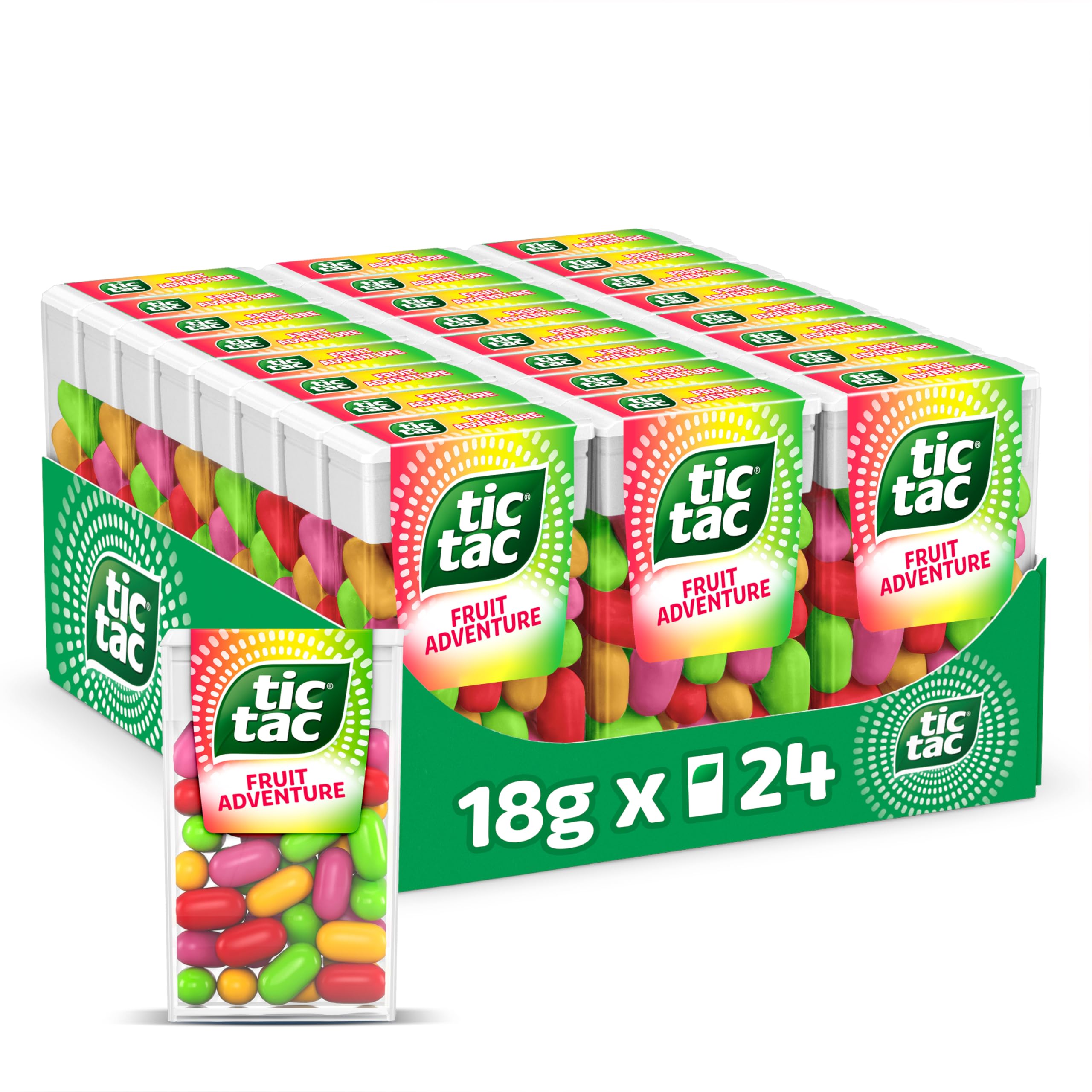 Tic Tac Fruit Adventure Sweets - Cherry, Strawberry, Passion Fruit & Lime Flavours | 18g Pack of 24 1