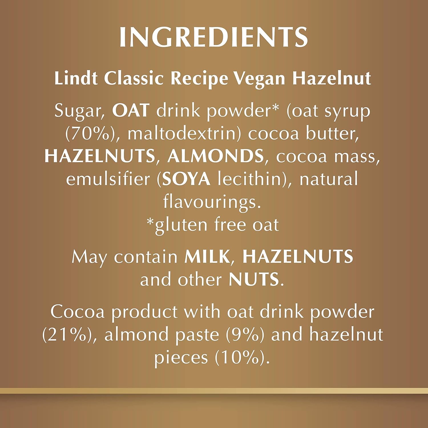 Lindt Vegan Chocolate Bar with Hazelnut, Almond & Oat Drink Powder, 100g 3