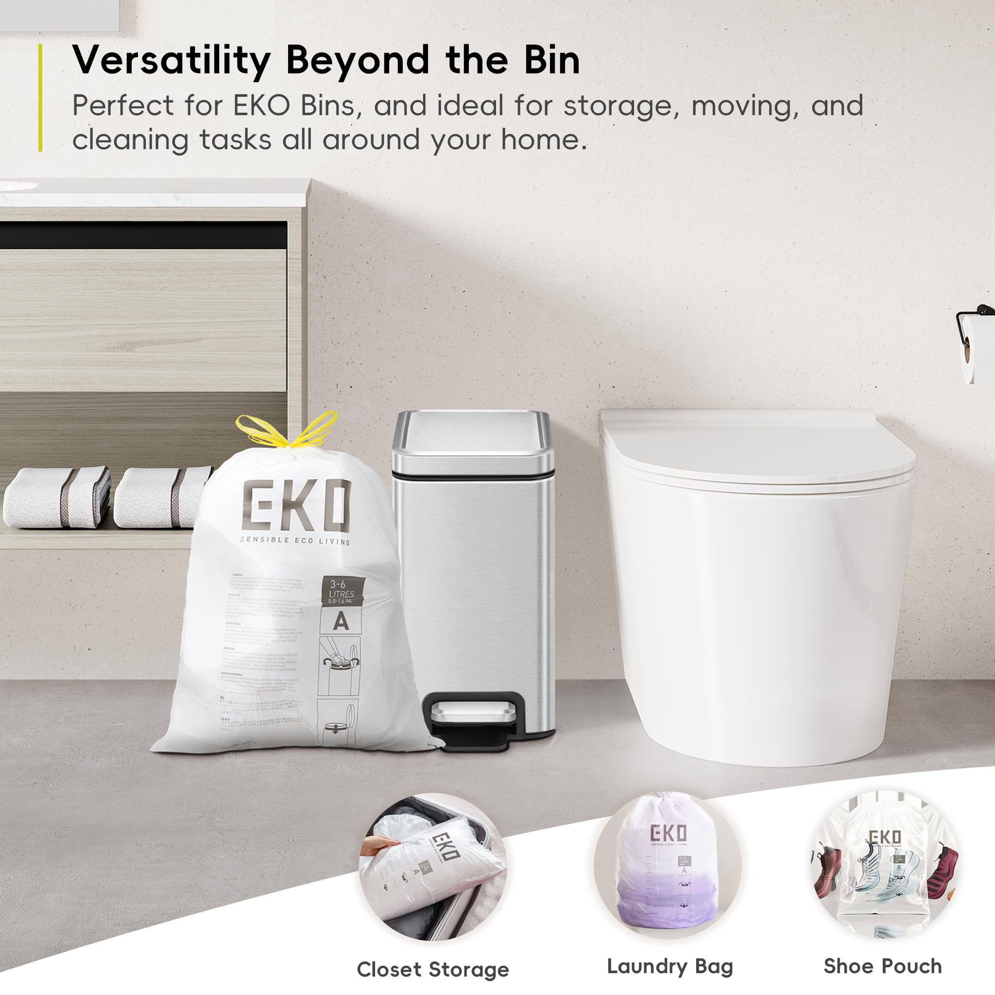 EKO Extra Strong Heavy Duty Drawstring Bin Liners 3-6L - 30 Bags, 36x40cm for Kitchen & Bathroom 9