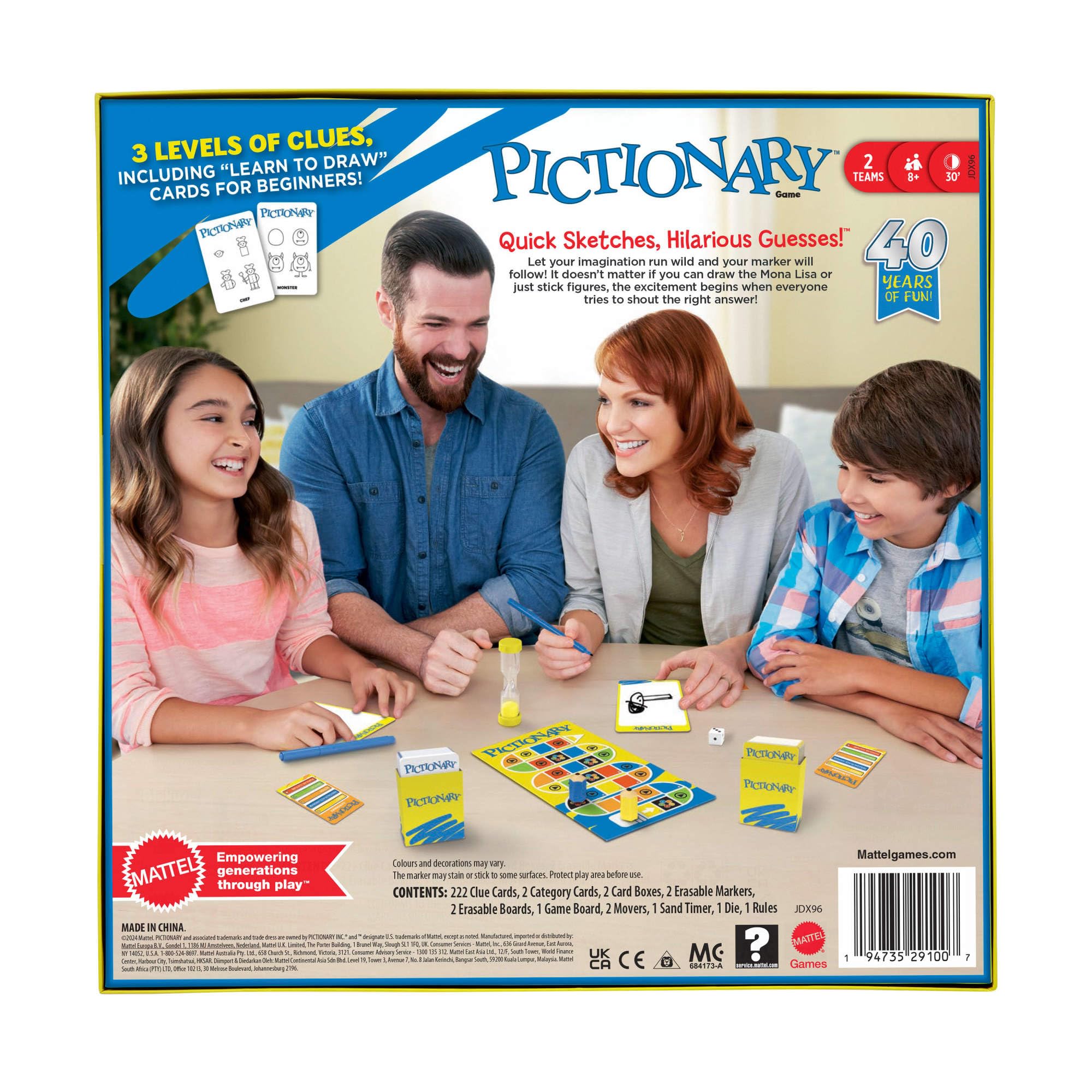 Mattel Games Pictionary Family Board Game for Kids and Adults with Erasable Markers, Boards, Sand Timer, JDX96 6