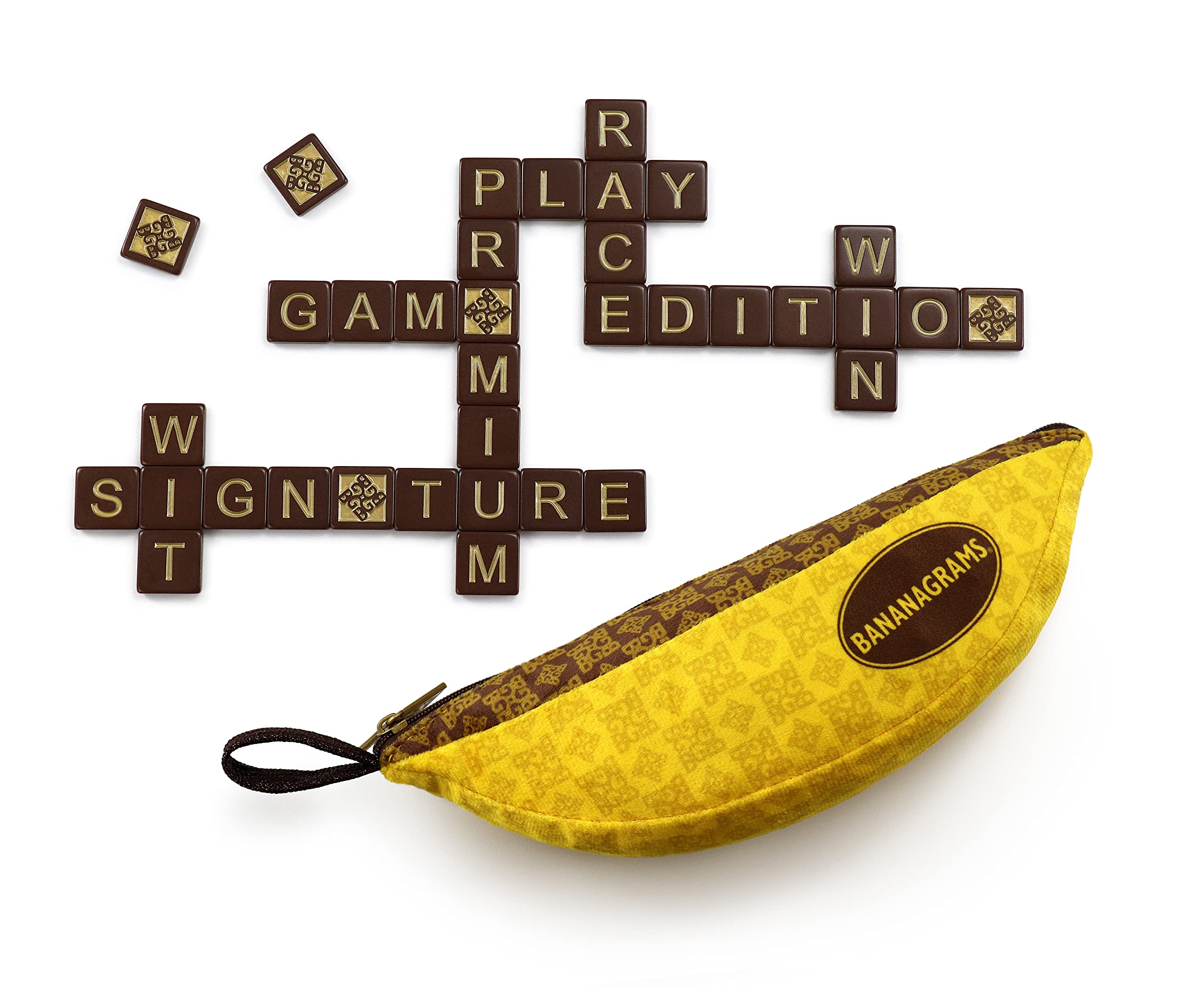 BANANAGRAMS Signature Edition Word Game - 144 Tiles, 10 Luxe Tiles, Premium Fabric Pouch - 1-8 Players
