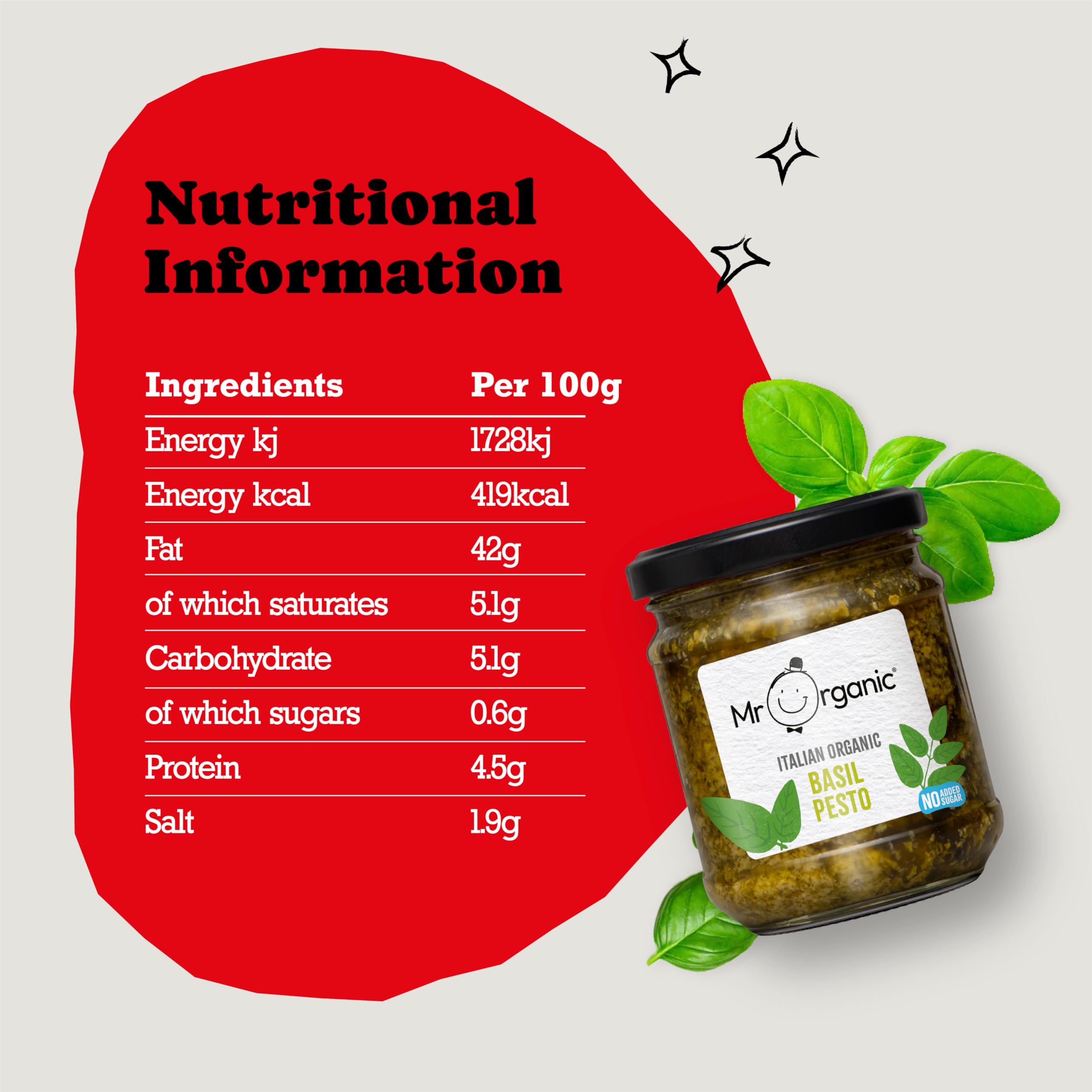 Mr Organic No Added Sugar Basil Pesto 190g - Organic Vegan Gluten-Free Pesto Sauce