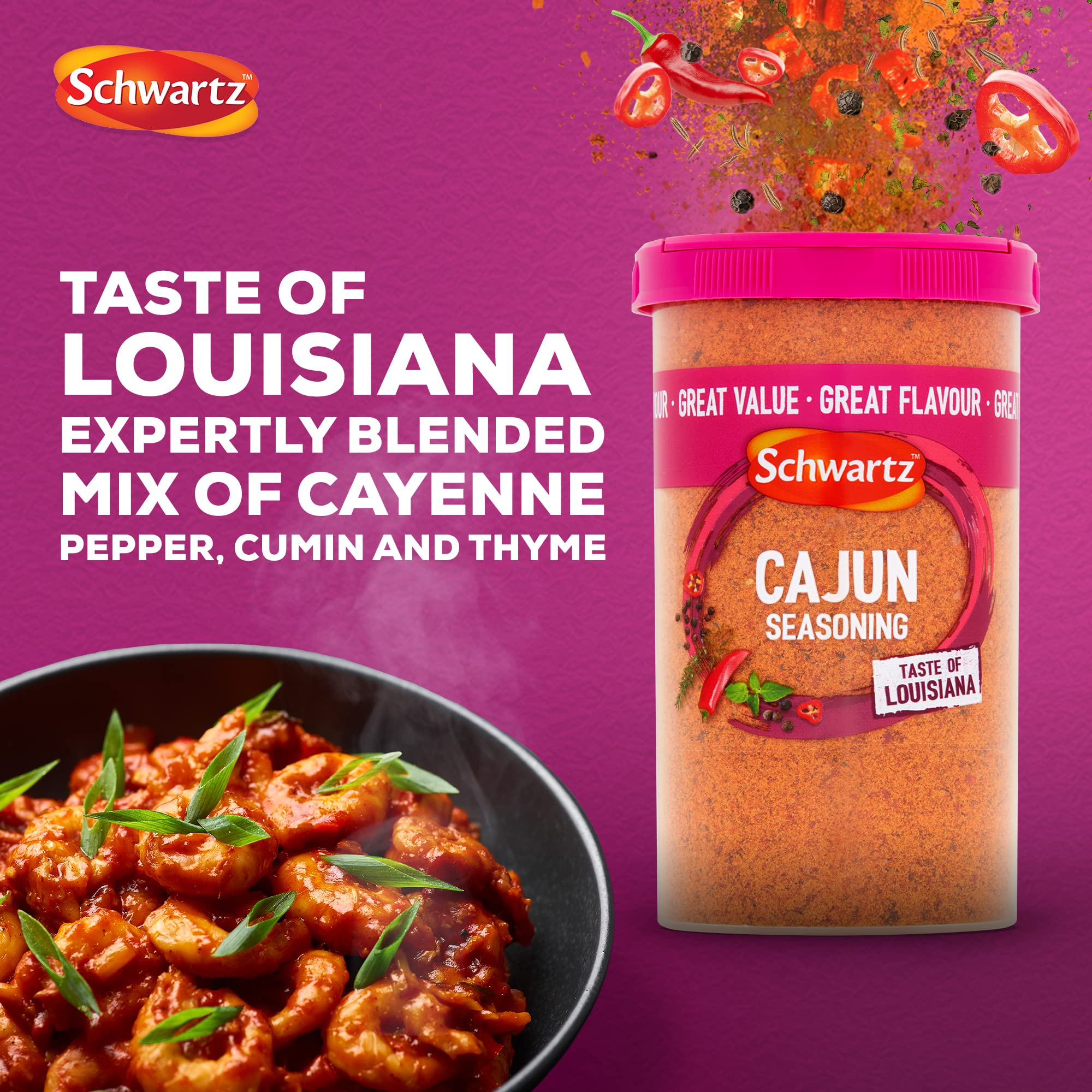 Schwartz Cajun Seasoning Drum 110g - Spicy Heat with Chilli, Allspice & Thyme