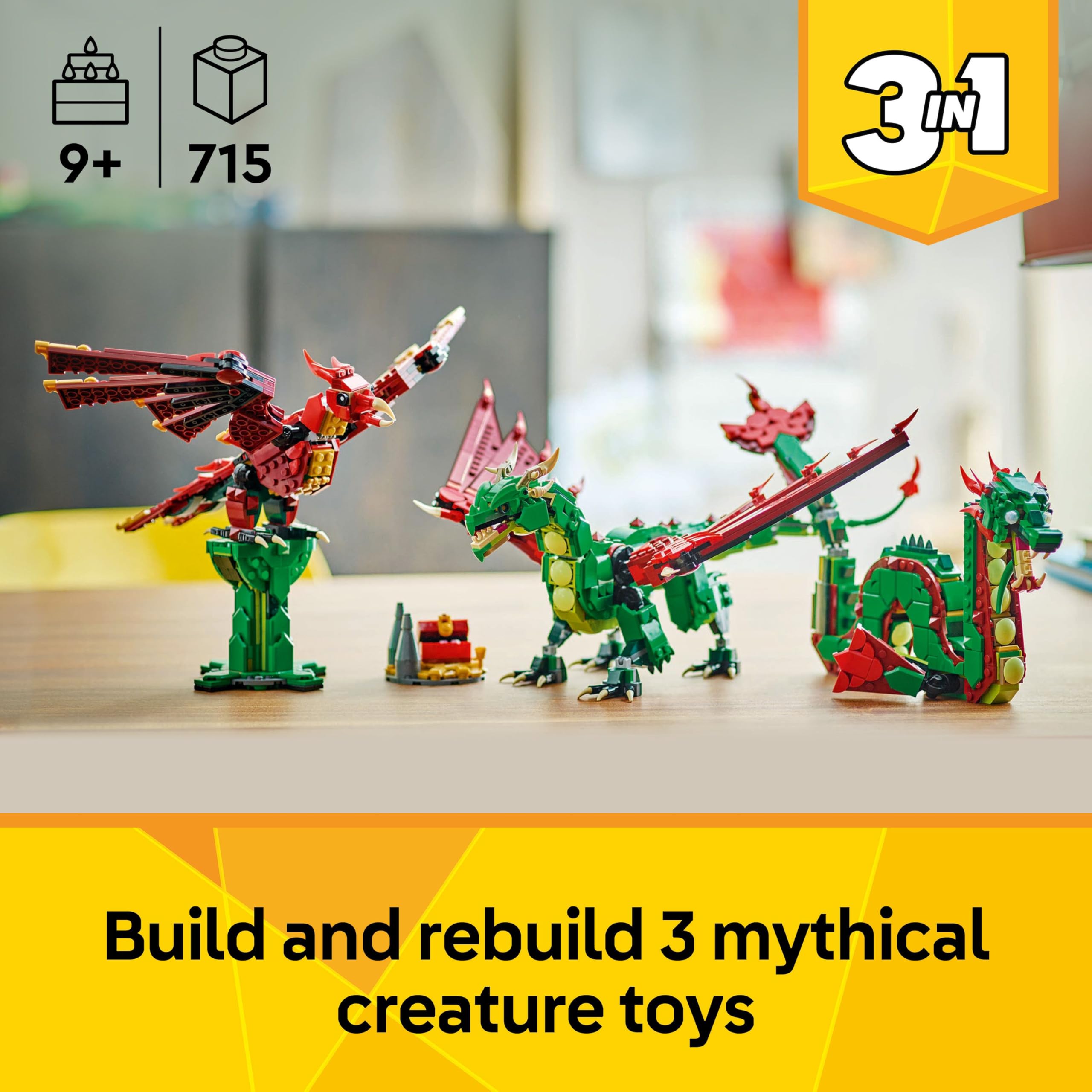 LEGO Creator 3in1 Medieval Dragon Toy (Model 31161) | Rebuilds to Sea Serpent or Phoenix | Ages 9+