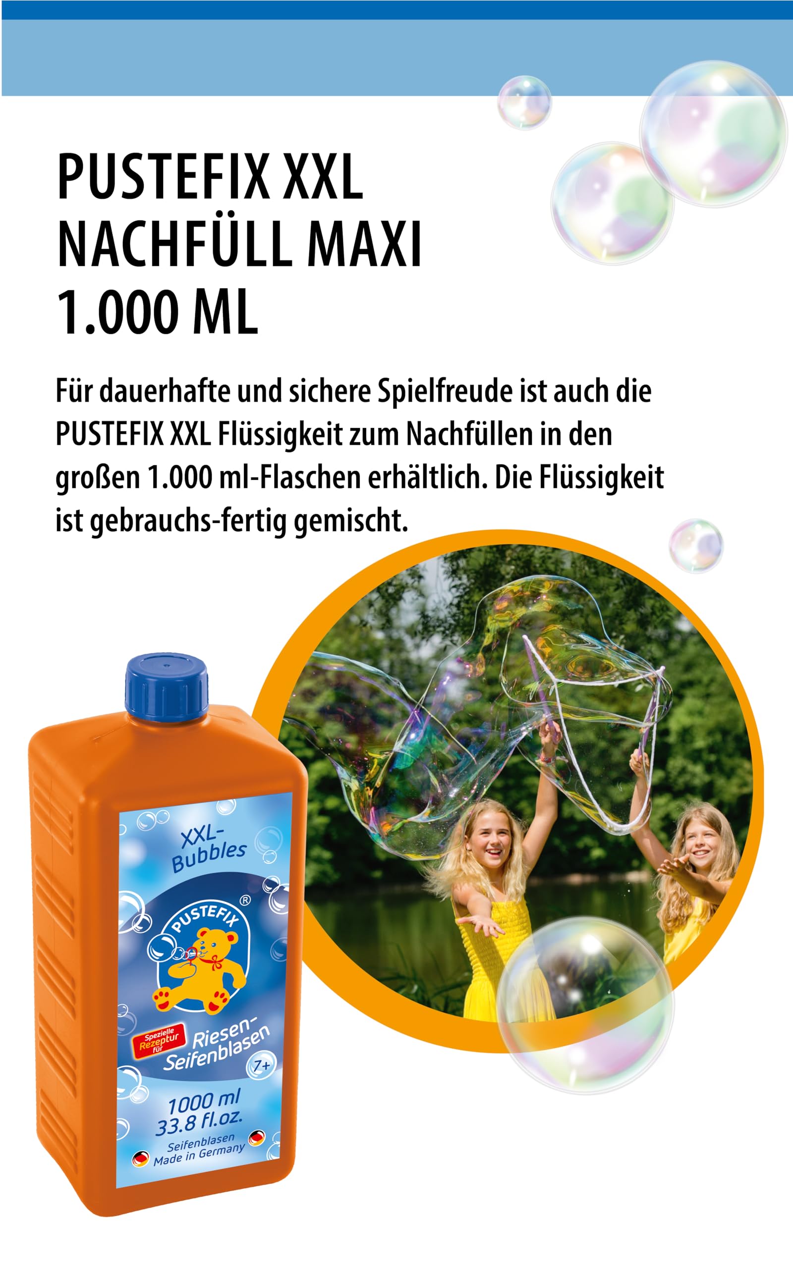 Pustefix XXL Bubble Solution Refill - 1000ml Maxi Bottle | Long-Lasting, Colorful Bubbles | Ages 7+ 3