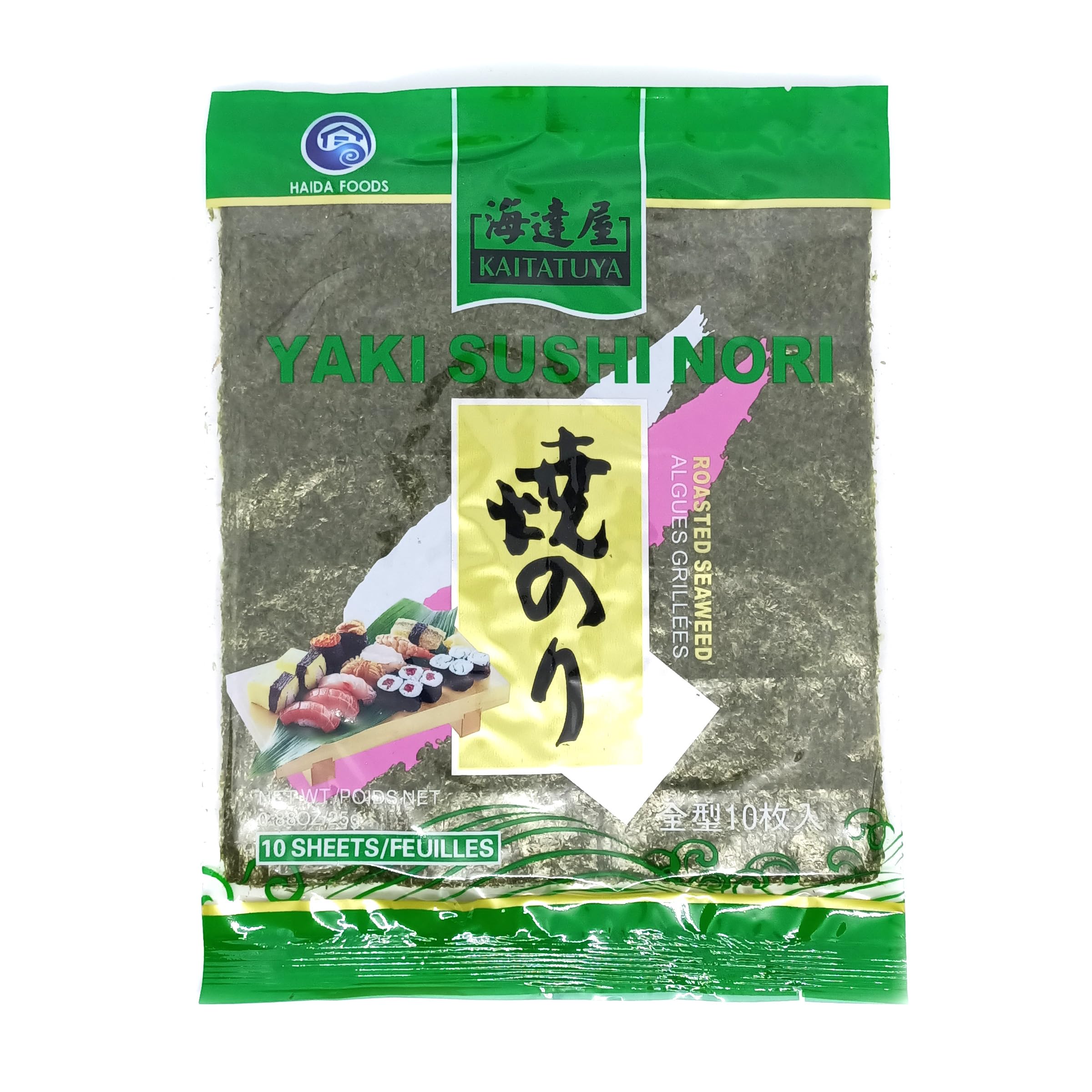 Kaitatuya Roasted Seaweed - Green Grade Nori Sheets | 10 Full Sheets | 25g