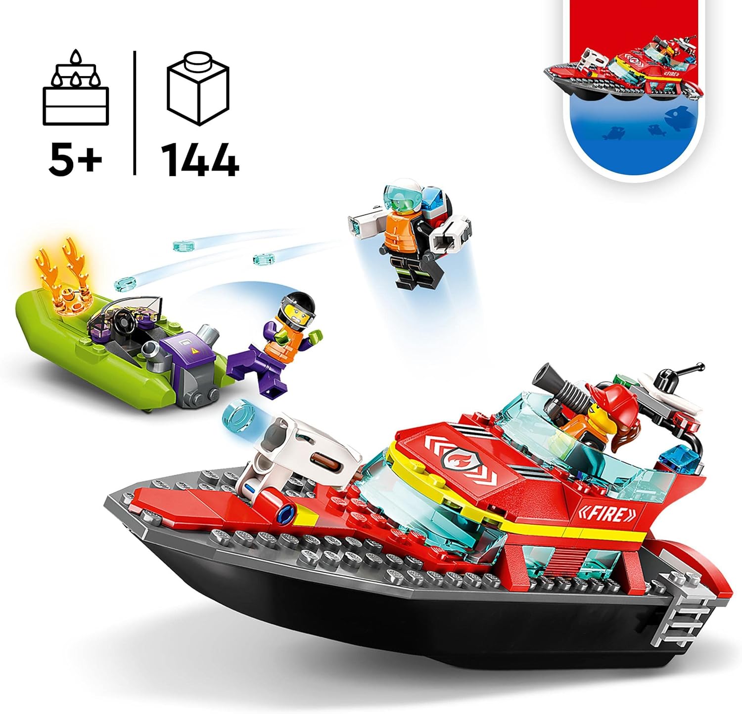 LEGO City Fire Rescue Boat Toy - Floating Fireboat with Jetpack, Dinghy & 3 Minifigures for Kids 5+ 3