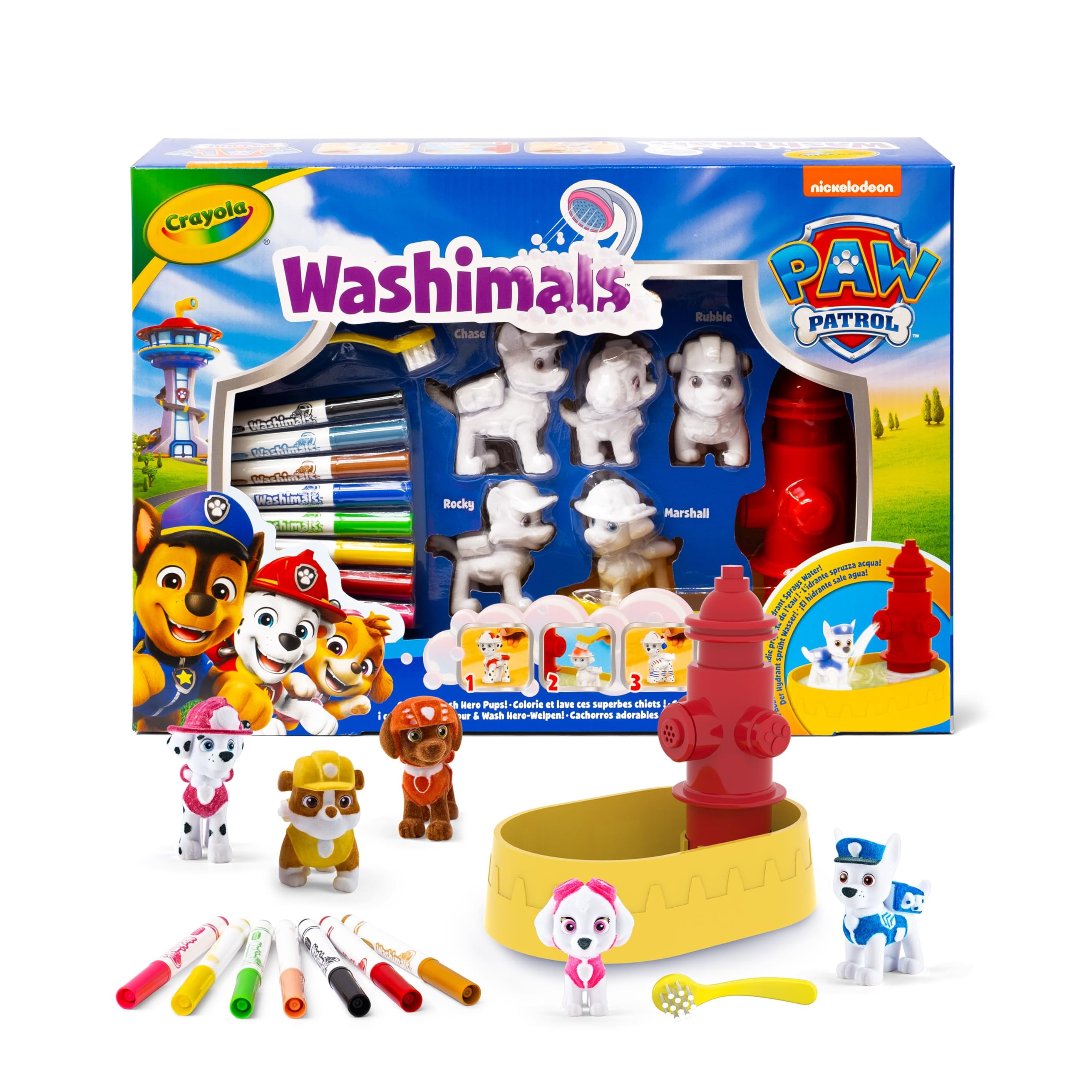 CRAYOLA Washimals - Paw Patrol Fire Hydrant Playset with 5 Washable Puppies & Markers