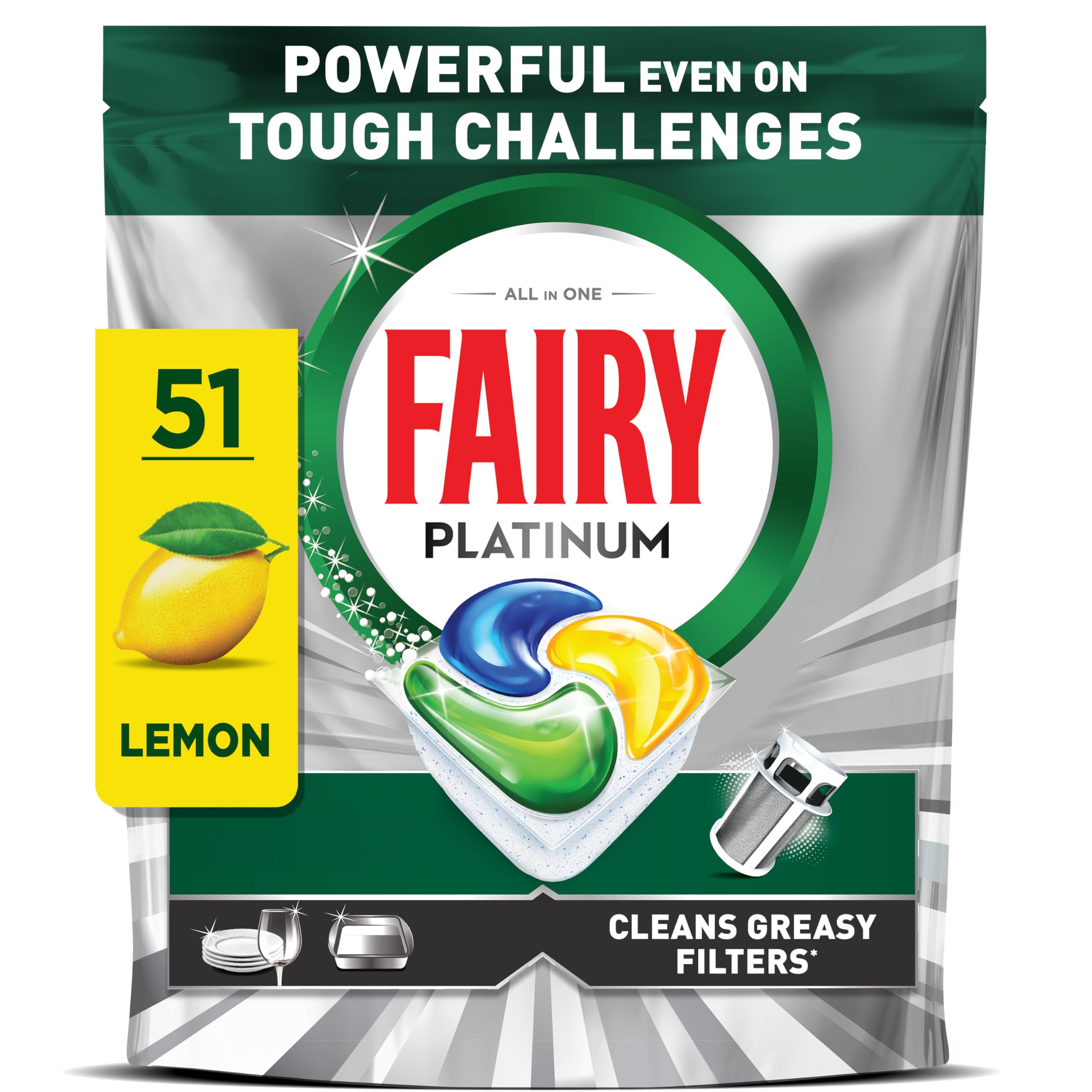 Fairy Platinum Dishwasher Tablets Lemon Scent - 51 Count All-in-One Cleaning Power