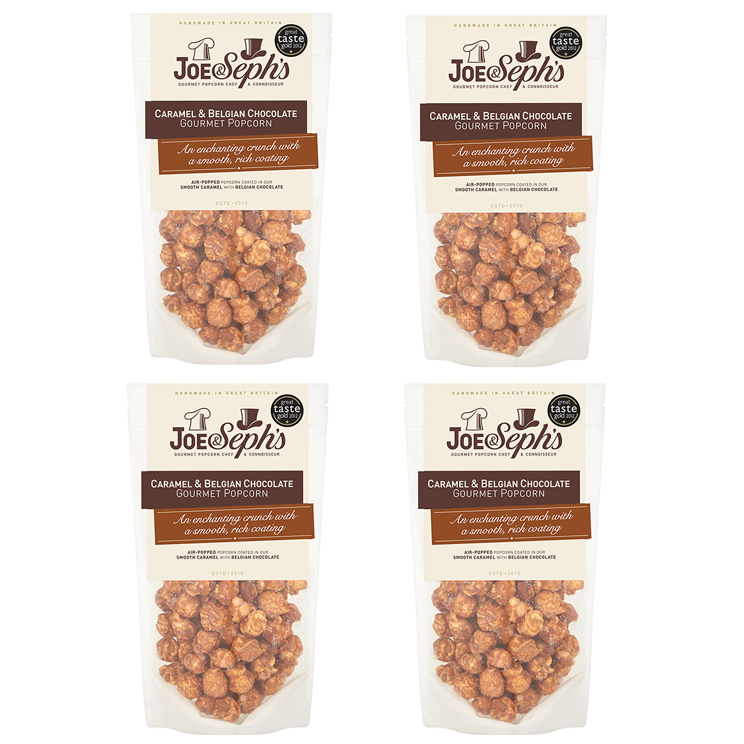 Joe & Sephs Belgian Chocolate Popcorn (4x80g) - Gourmet Air-Popped Snack, 1 Star Great Taste Award, Vegetarian, Movie Night Treat