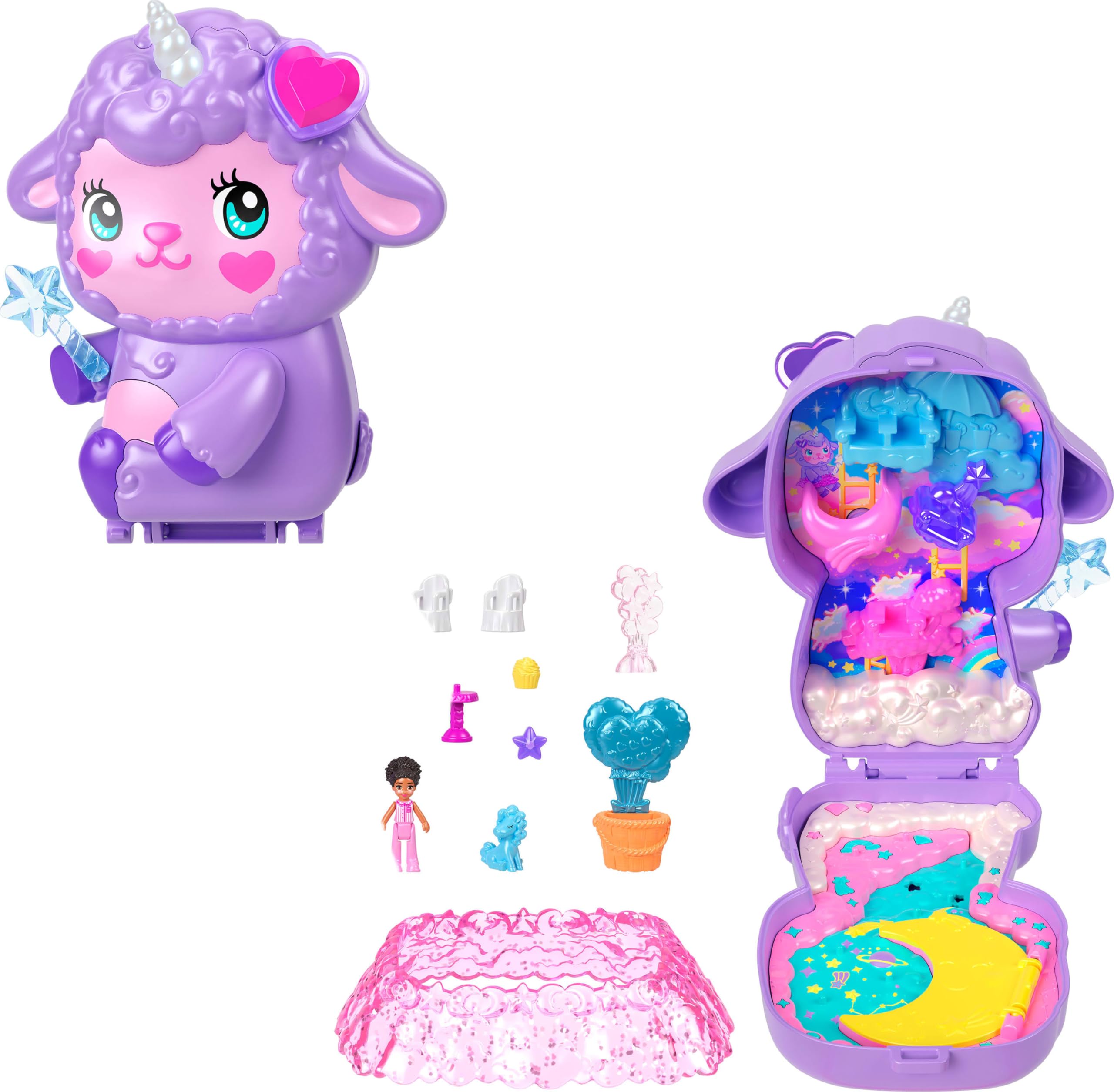 Polly Pocket Cozy Dreamland Lamb Compact Playset - Purple with Micro Doll & Unicorn Pet, Ages 4+