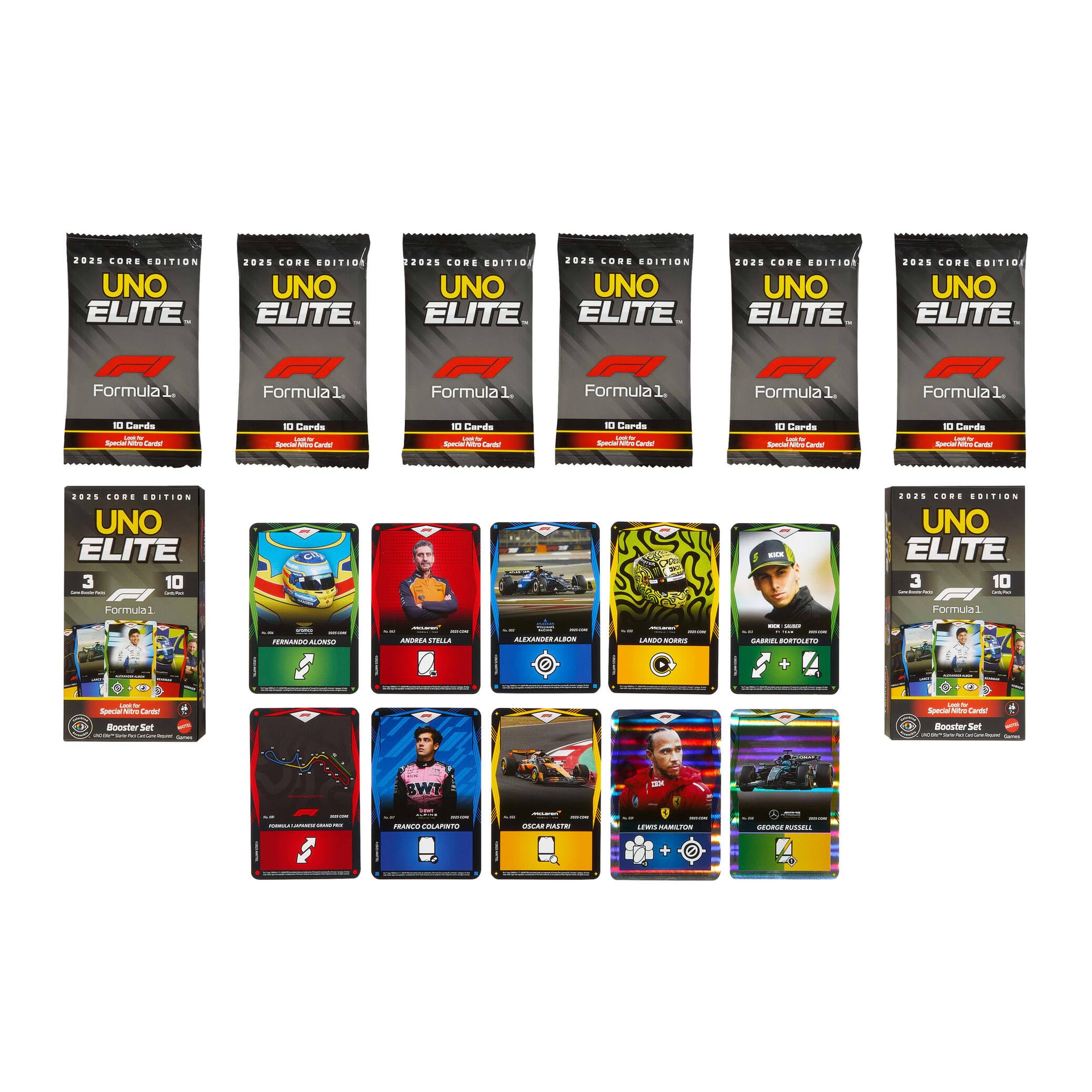 Mattel Games UNO Elite Formula 1 Booster Set 2 Pack with 60 Elite Action Cards, 2025 Core Edition 5
