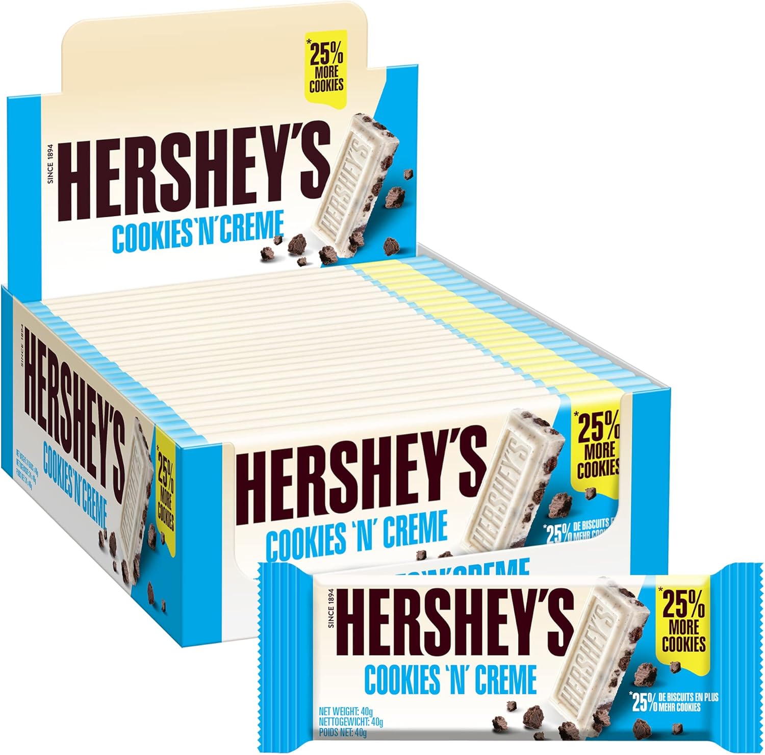 Hershey's Cookies 'n' Crème White Chocolate Flavour Bar with Cookie Pieces – Pack of 24 (40g Each)