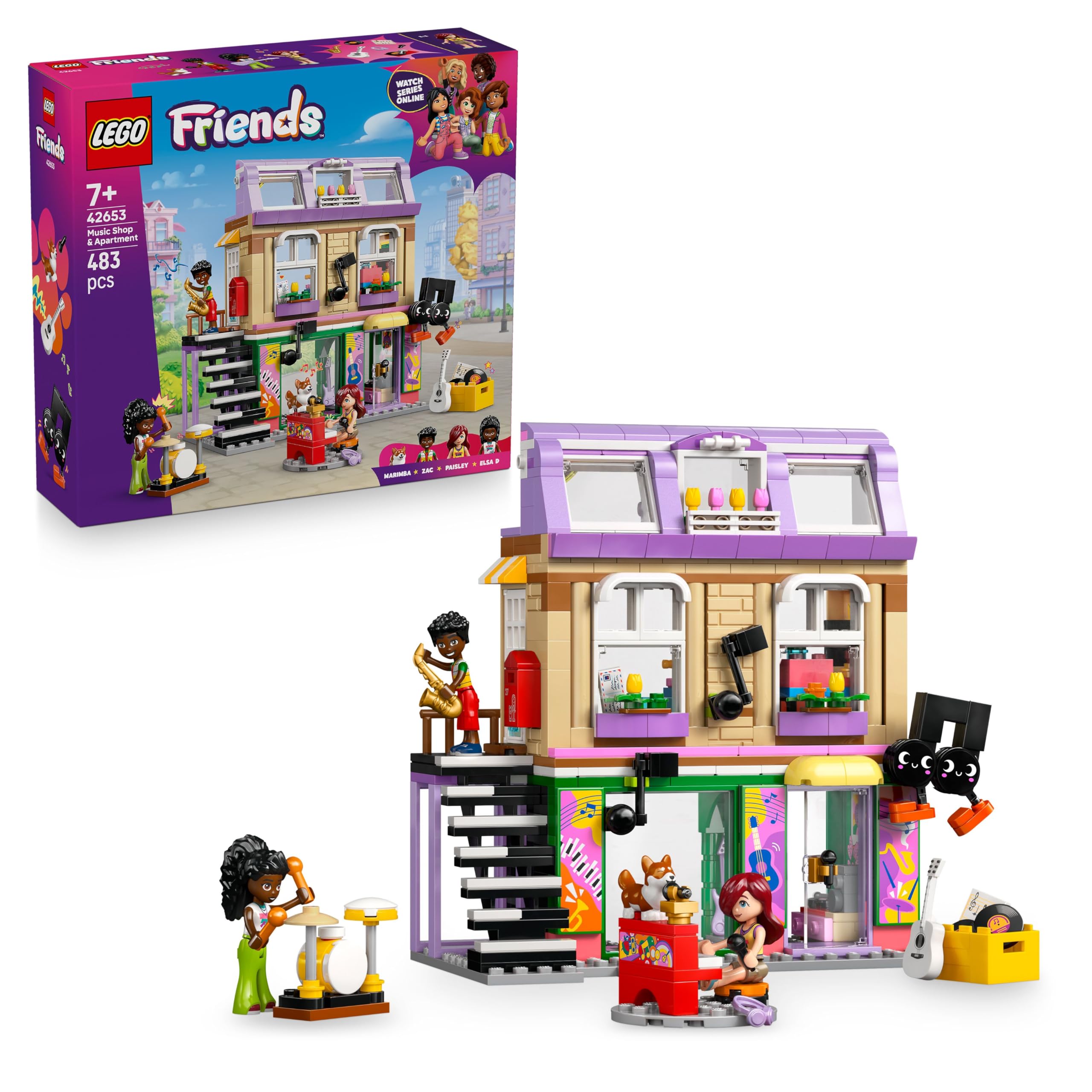 LEGO Friends Music Shop & Apartment Building Set | 3 Mini Dolls, Corgi Figure | Age 7+