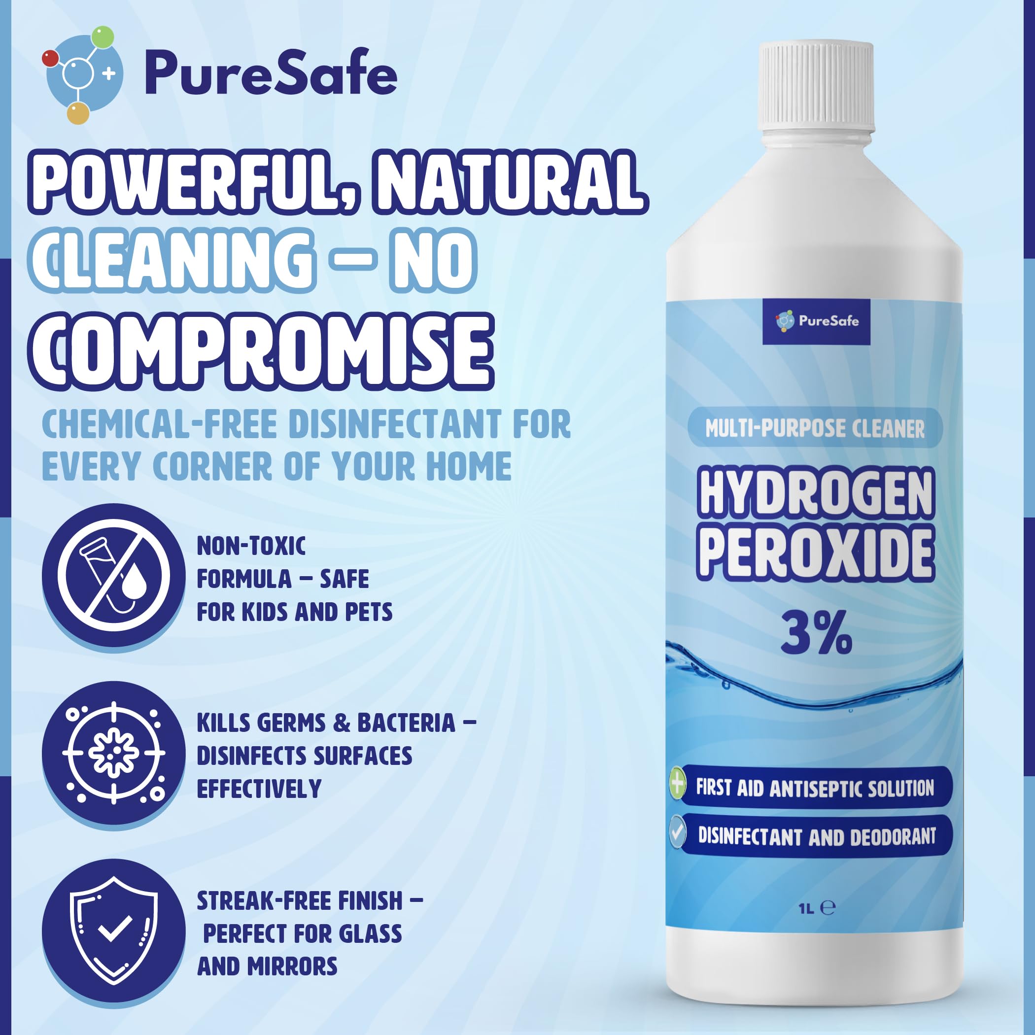 Pure Safe - Hydrogen Peroxide 3% Solution 1 Ltr – Multi-Purpose Household Cleaner 6