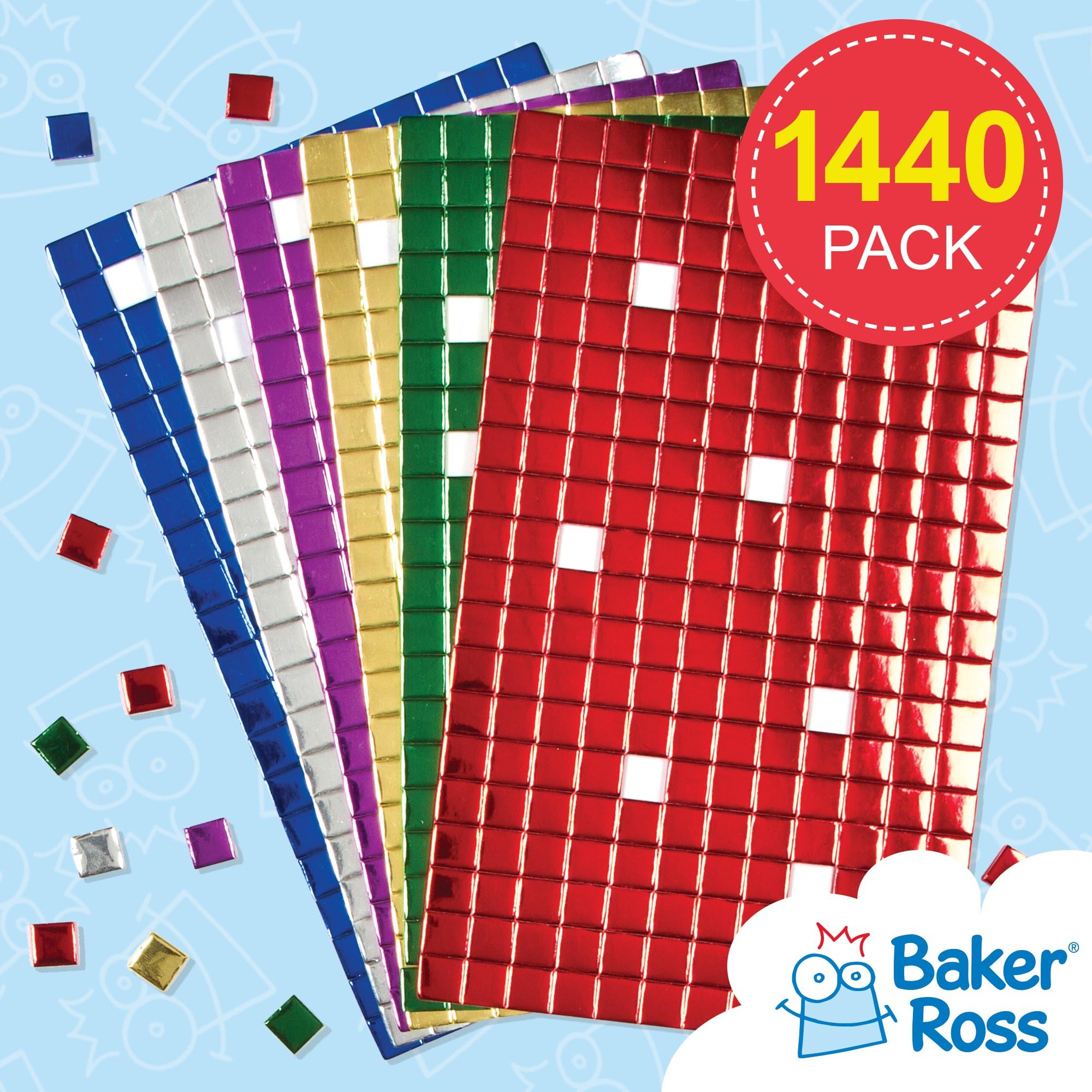 Baker Ross Metallic Foam Self-Adhesive Mosaic Squares - 1440 Pack | 1cm Tiles | 6 Assorted Colors