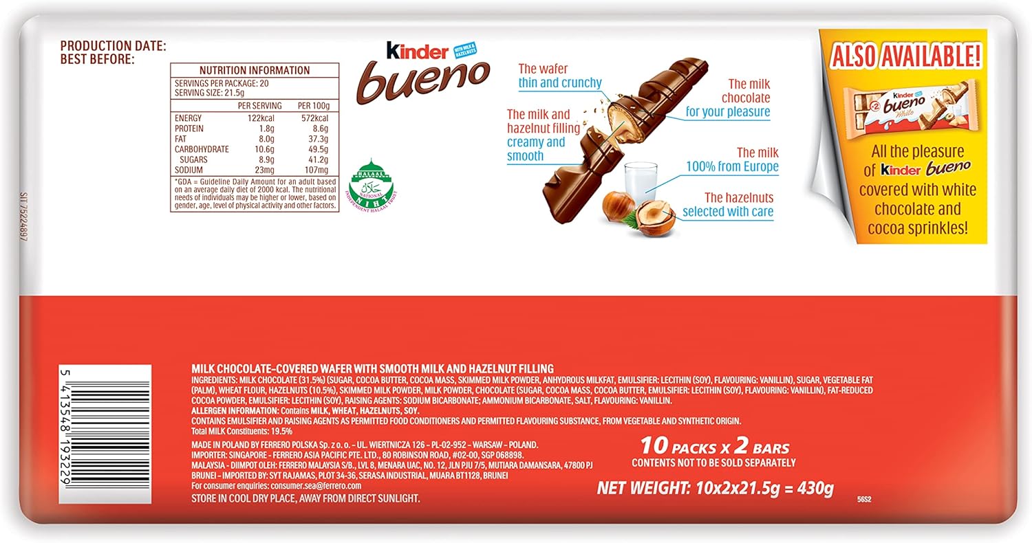 Kinder Bueno Milk Chocolate & Hazelnuts Multipack, 10 x 43g (430g) – Individually Wrapped Chocolate Bars with Crispy Wafer and Creamy Hazelnut Filling 9