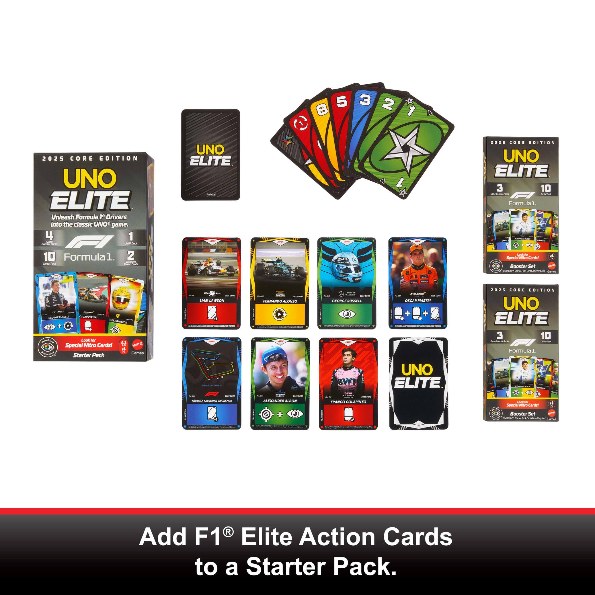 Mattel Games UNO Elite Formula 1 Booster Set 2 Pack with 60 Elite Action Cards, 2025 Core Edition