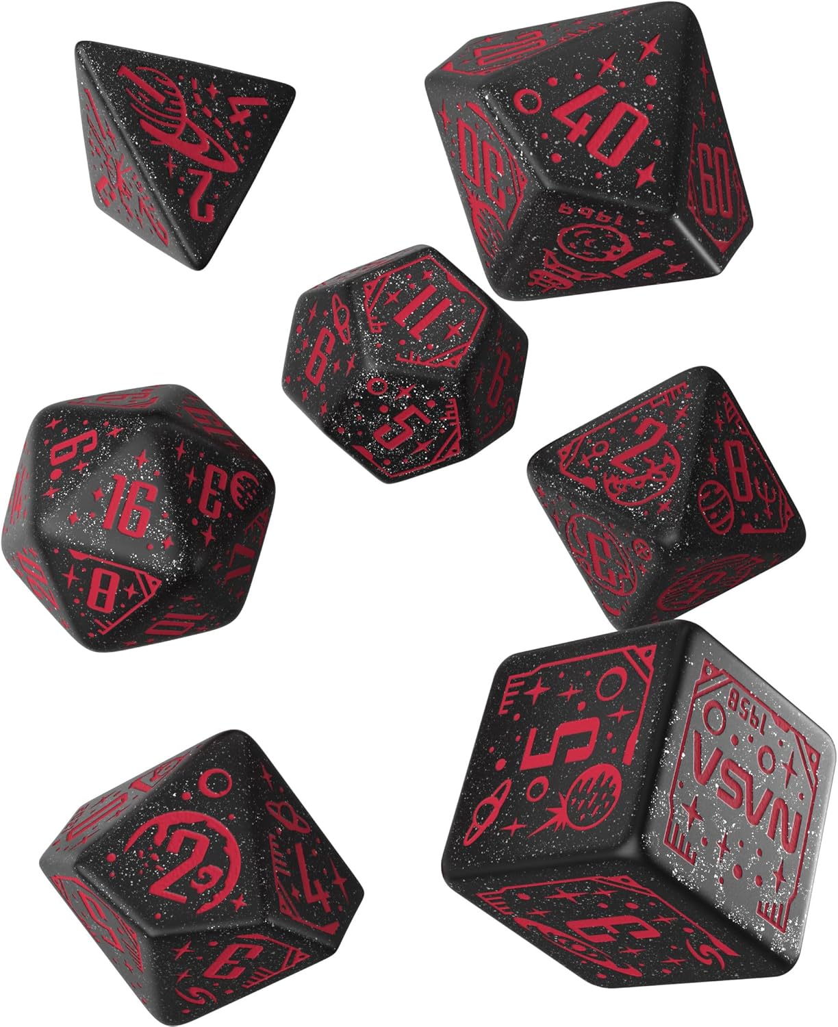 Q WORKSHOP Space Dice Set Voyager RPG Dice – Shimmering Black with Red Engraving 3