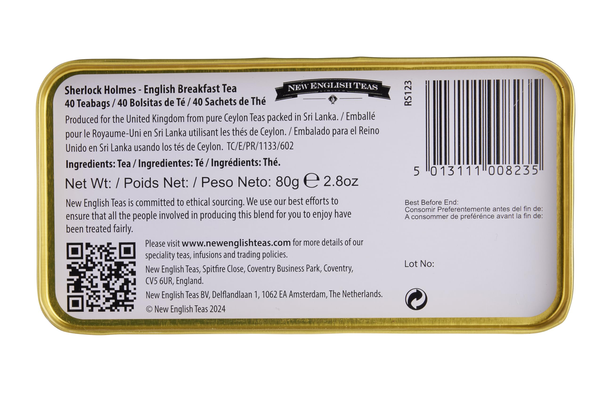 Sherlock Holmes Tea Tin with 40 English Breakfast Teabags - New English Teas 14