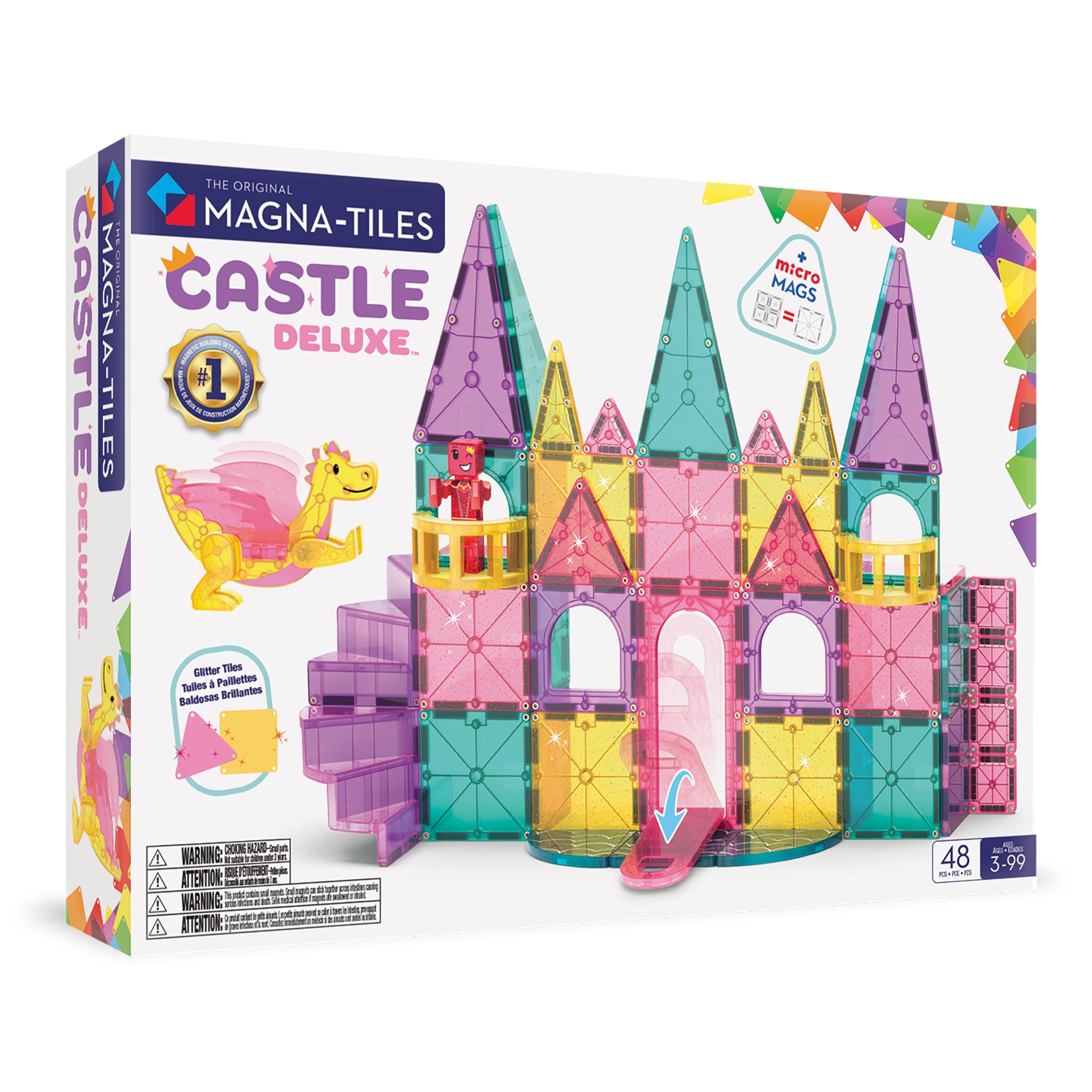 Magna-Tiles Castle DLX 48-Piece Magnetic Construction Set - Drawbridge, Dragon Figure & Spiral Staircase, Ages 3+