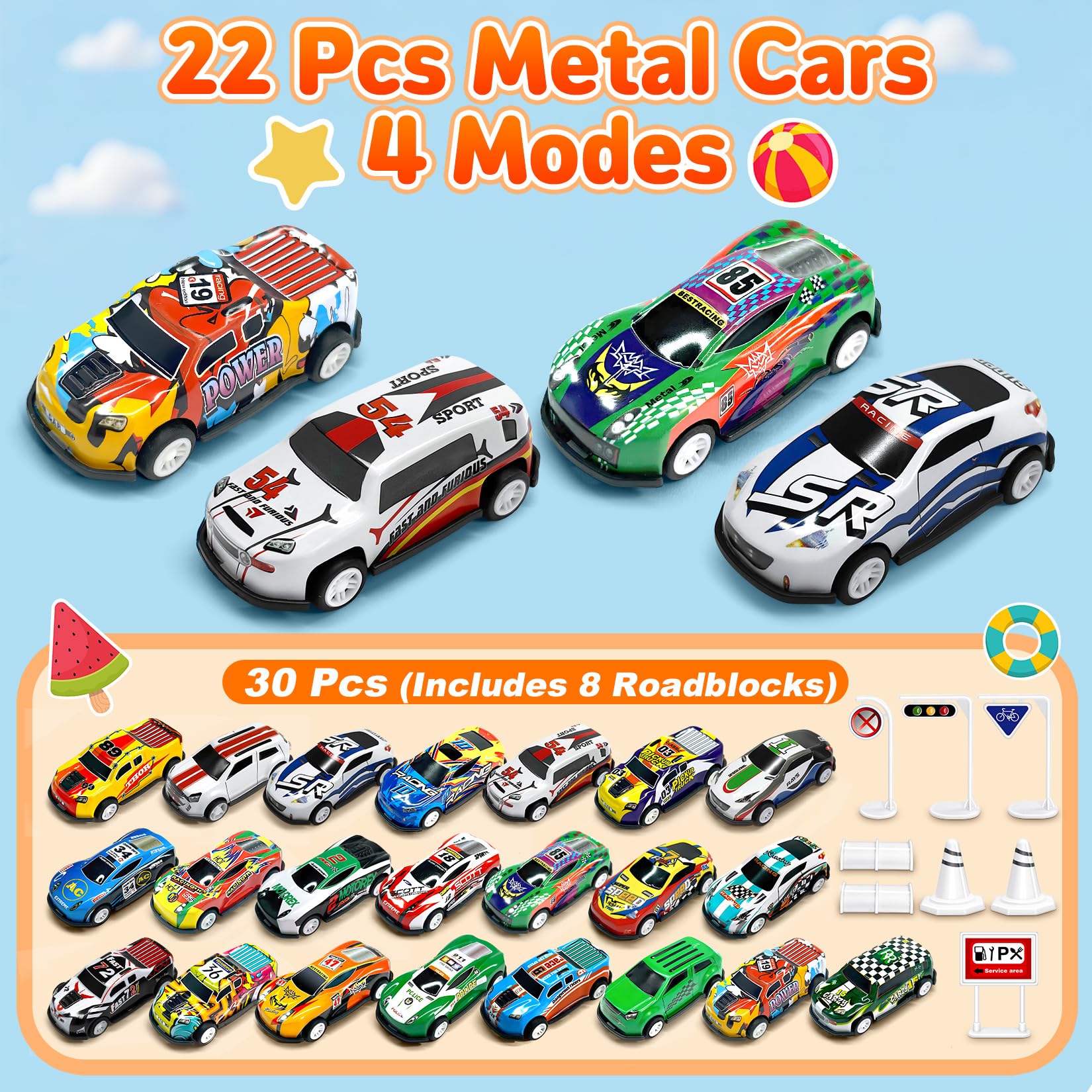 TOYABI 22Pcs Metal Shell Pull-Back Toy Car Set with 8 Roadblocks - Vehicles Playset for Kids 7