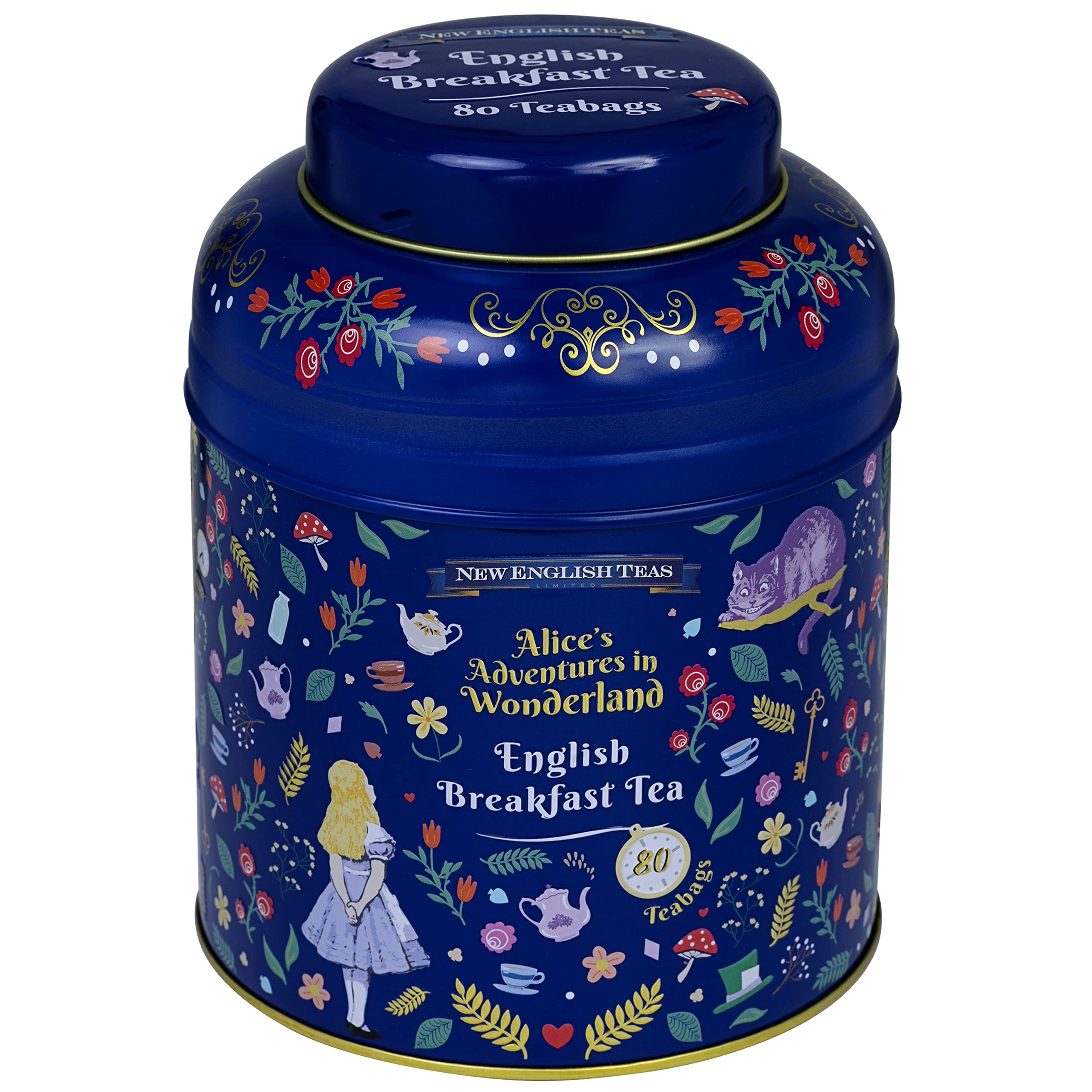 New English Teas Midnight Alice in Wonderland Tea Caddy with 80 English Breakfast Teabags