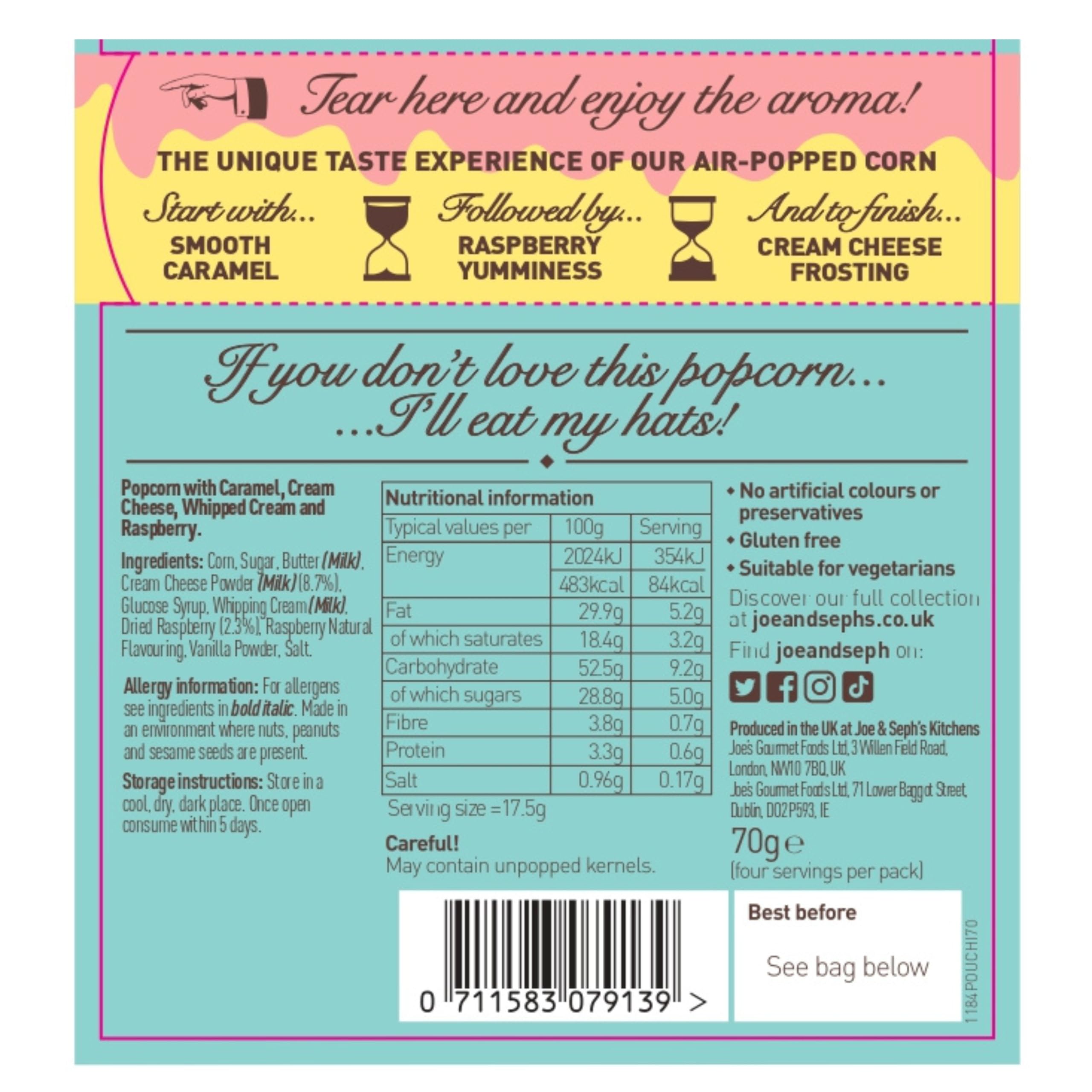 Joe & Seph's Birthday Cake Popcorn (70g) - Gourmet Handmade Caramel Popcorn with Raspberry & Vanilla