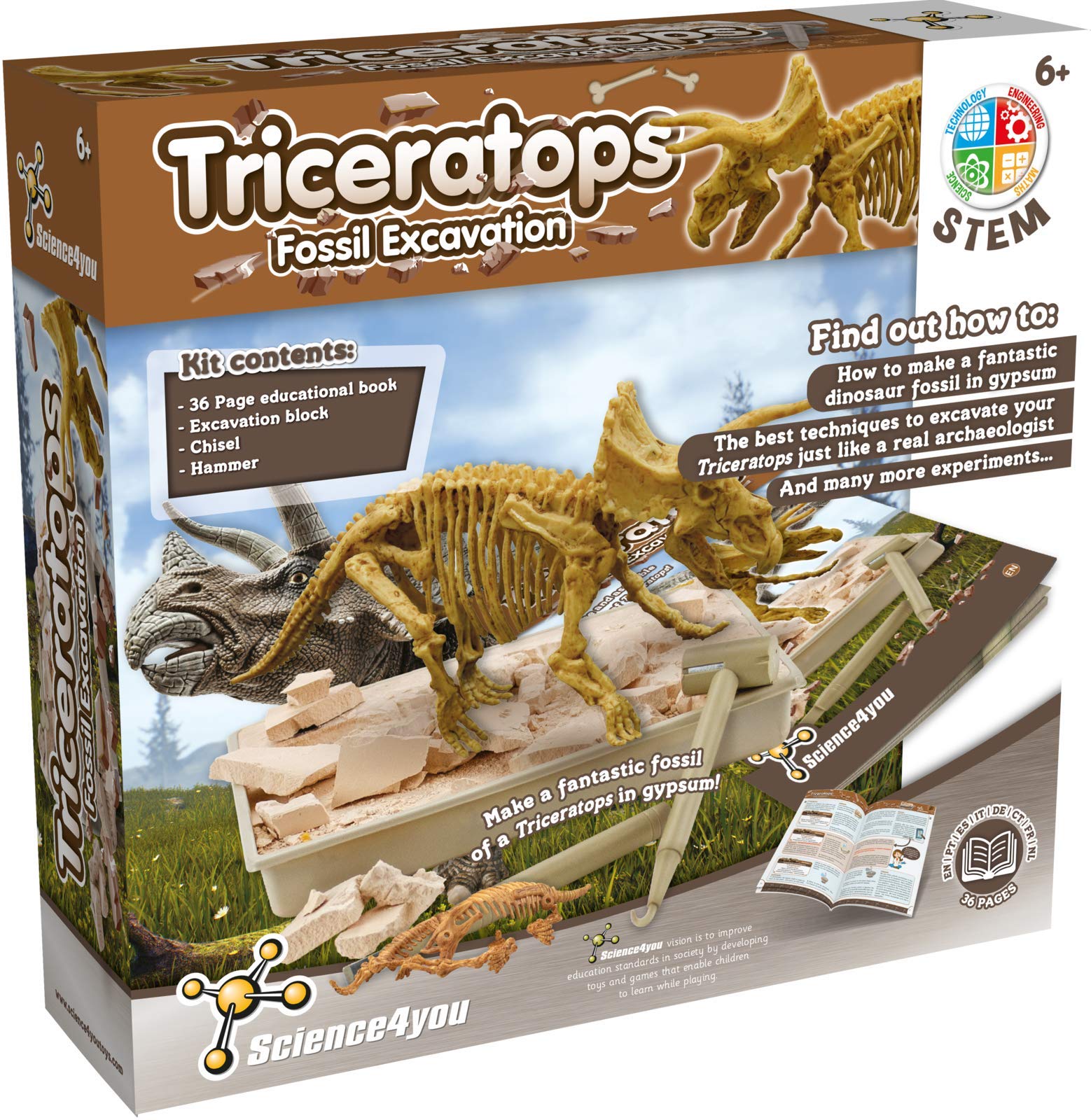 Science4you Triceratops Fossil Digging Kit - 10-Piece Dinosaur Excavation Set for Kids 6+ 7
