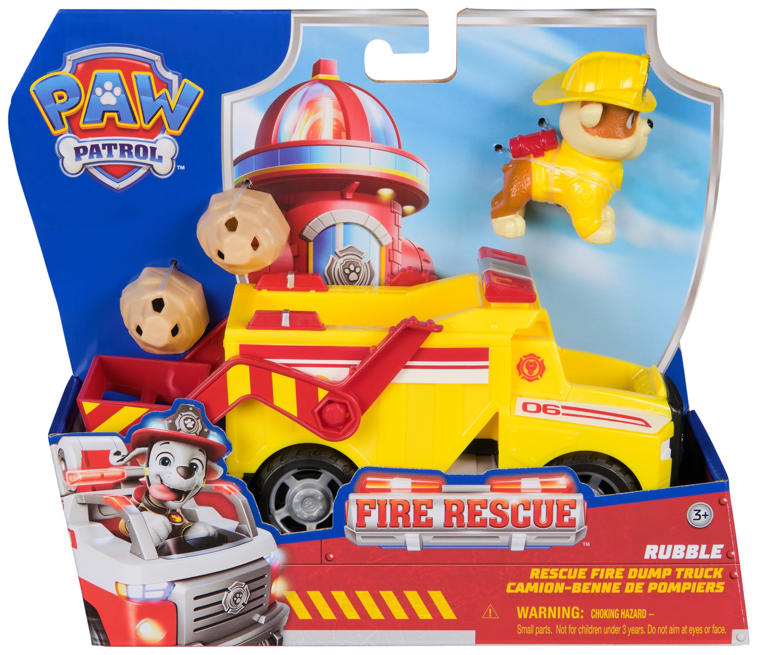 PAW Patrol Rubble Rescue Fire Dump Truck with Action Figure and Projectiles - Fire Rescue Playset for Kids 7