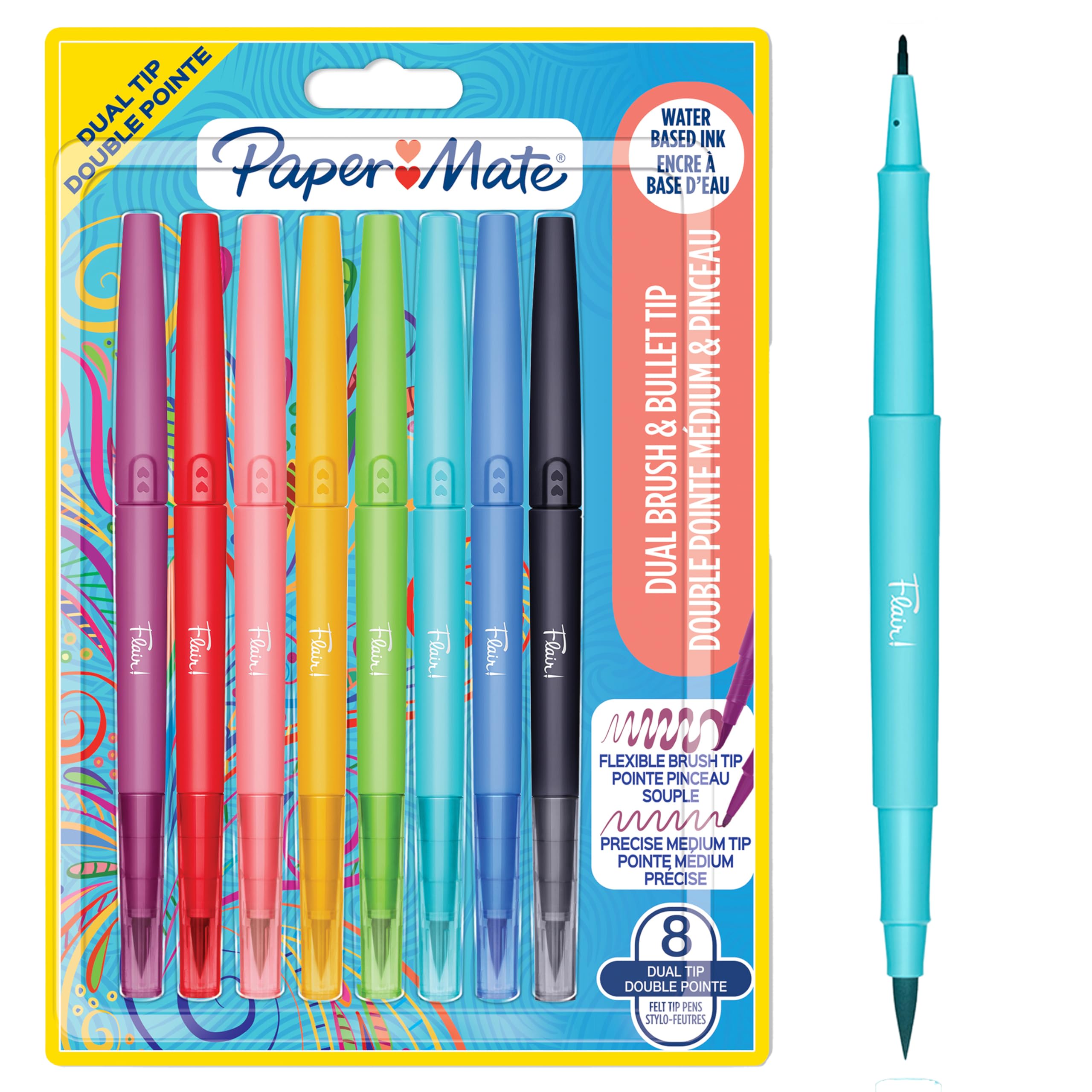 Paper Mate Flair DUAL Felt Tip Pens - Brush and Medium 0.7mm Tips - Double Ended Coloring Pens - Assorted Colors - 8 Pack