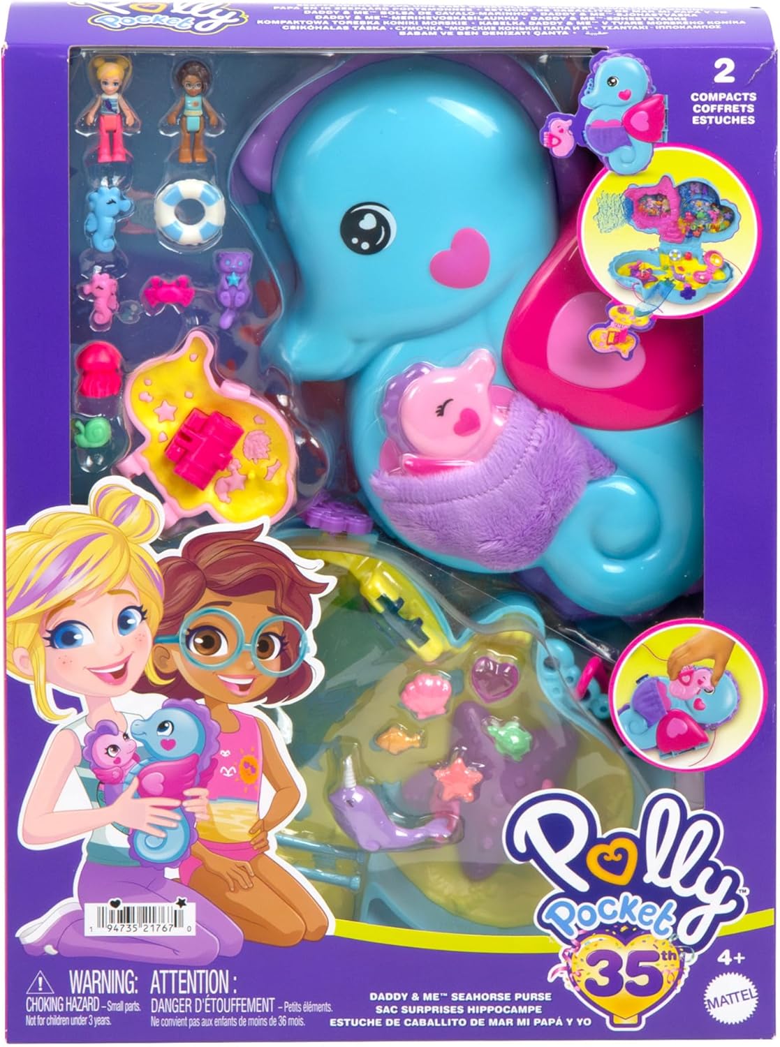 Polly Pocket 2-in-1 Daddy & Me Seahorse Playset with Dolls, Pets & 13 Accessories - Ages 4+ 6