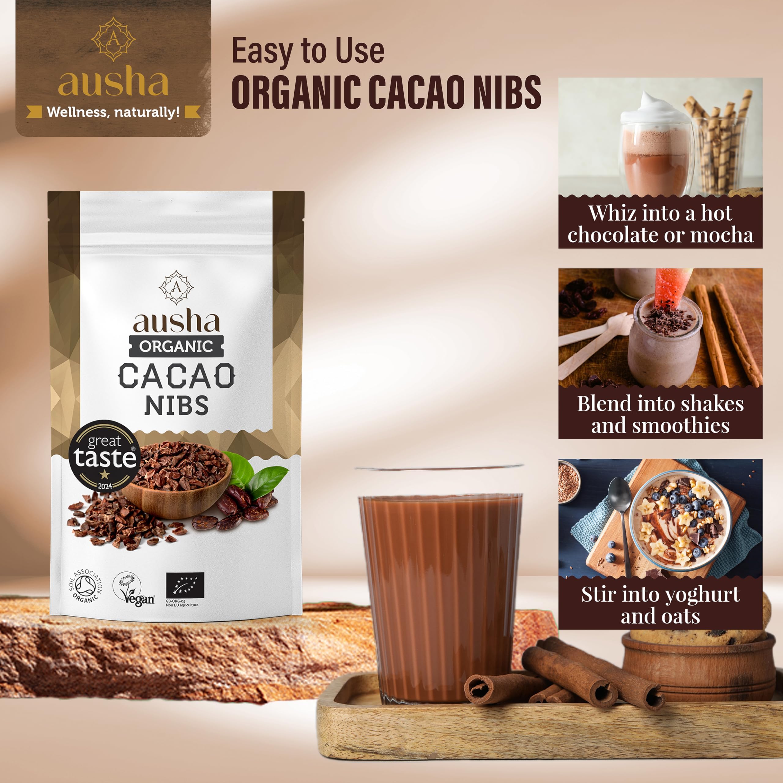 Ausha Organic Raw Cacao Nibs 200g - 1* Great Taste Award 2024 - Soil Association Certified 14