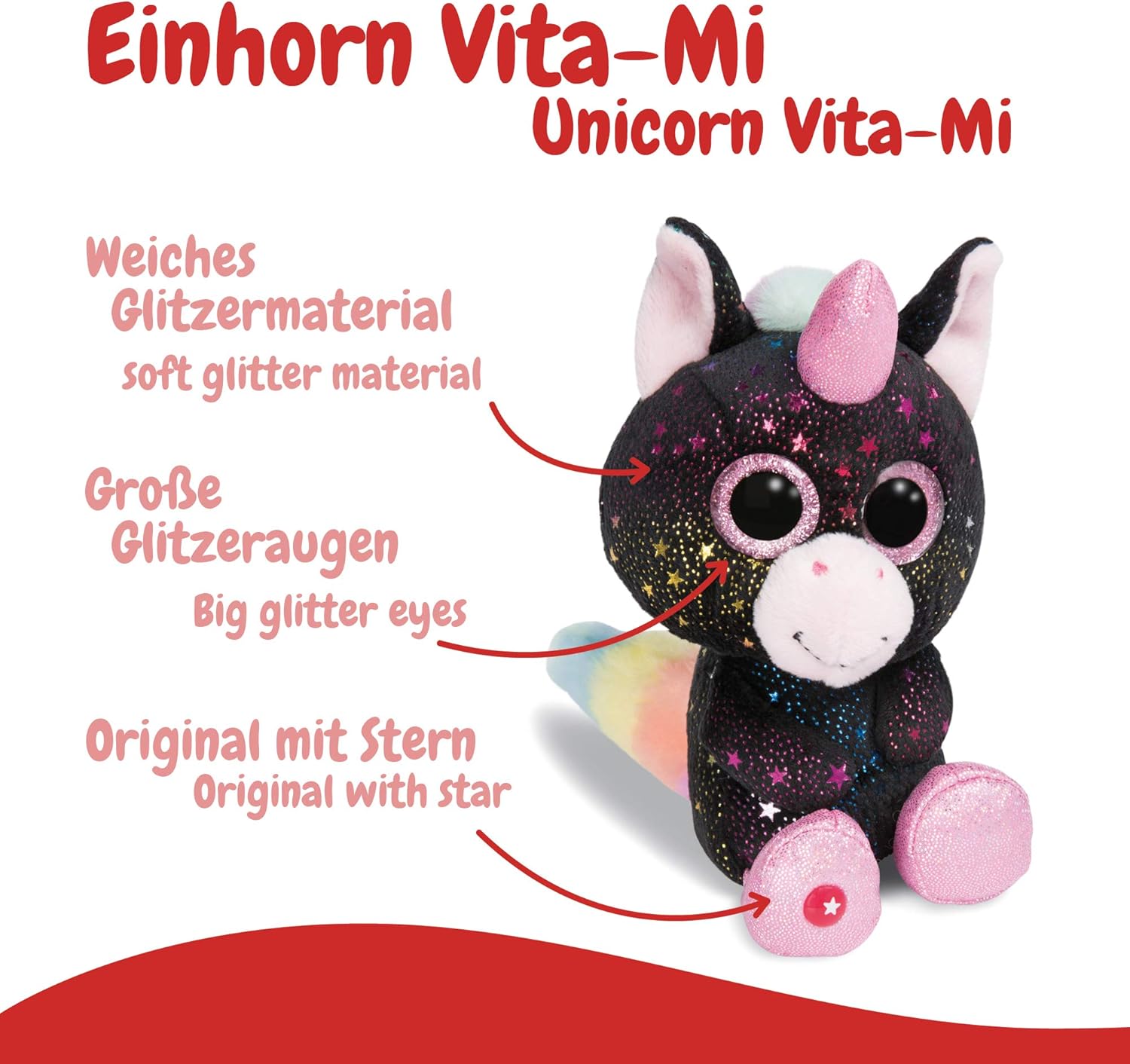 NICI 46316 Cuddy Soft Toy Glubschis Unicorn Vita-Mi 15cm, Black/Multi-Coloured P 5