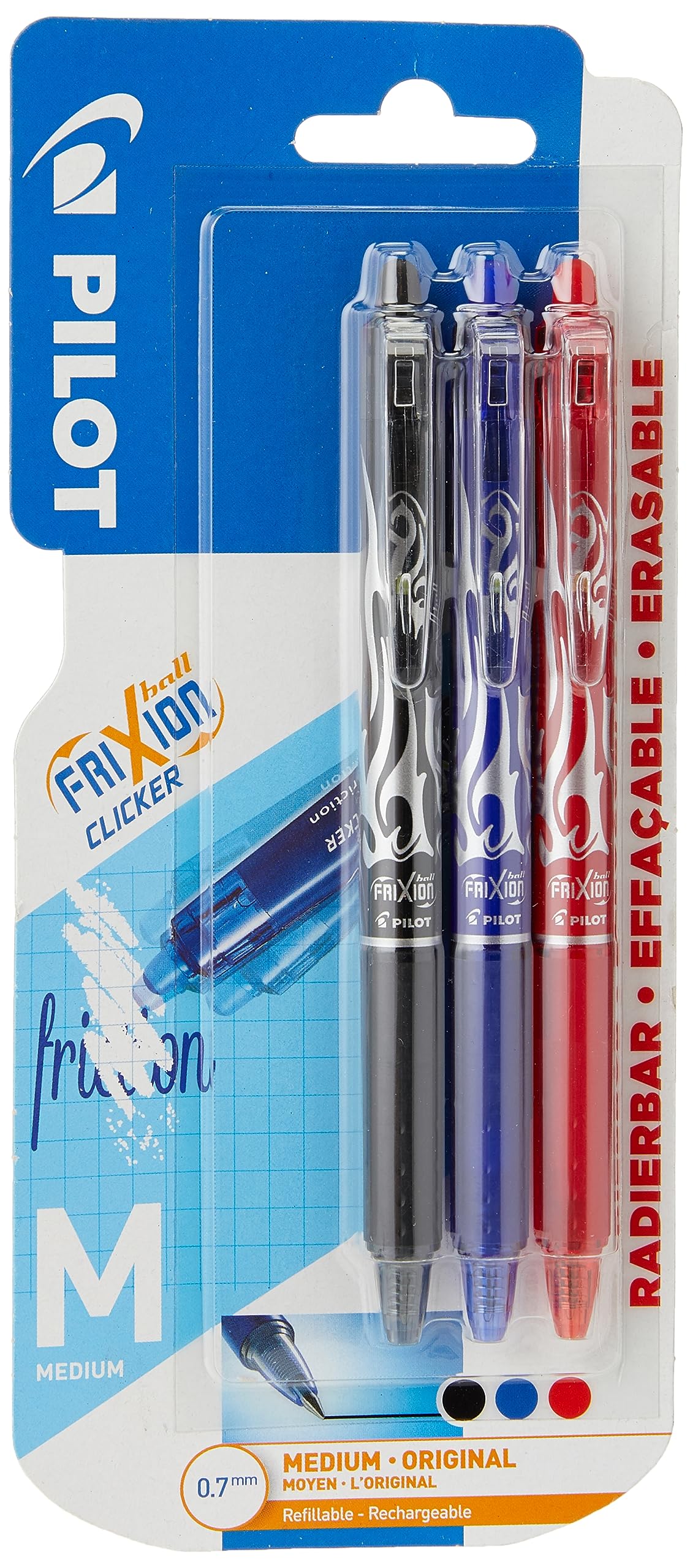 PILOT Frixion Clicker Retractable Erasable Rollerball Pen - 0.7 mm Tip | Pack of 3 Black/Blue/Red 1
