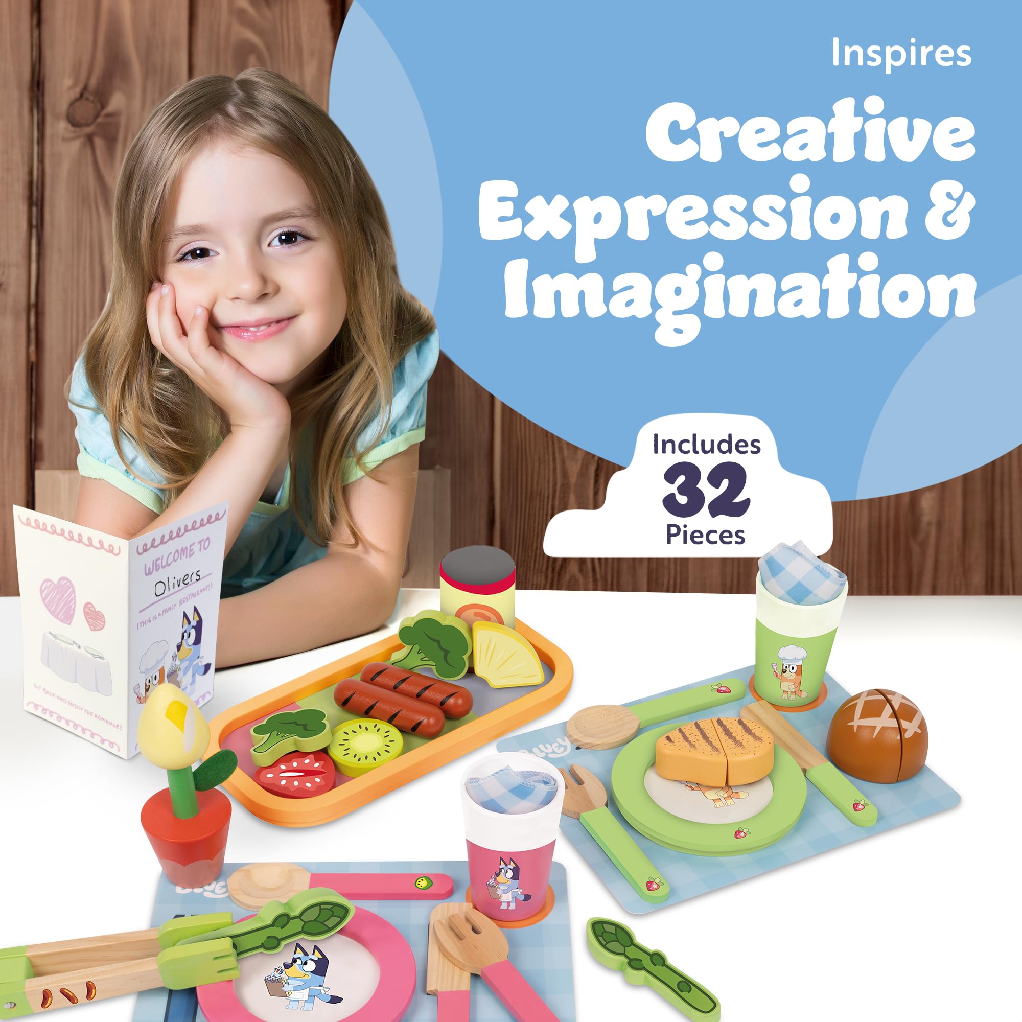 Bluey Dine In with Bluey Wooden Toy Set - 32-Piece Role-Play Kit | FSC-Certified Wood