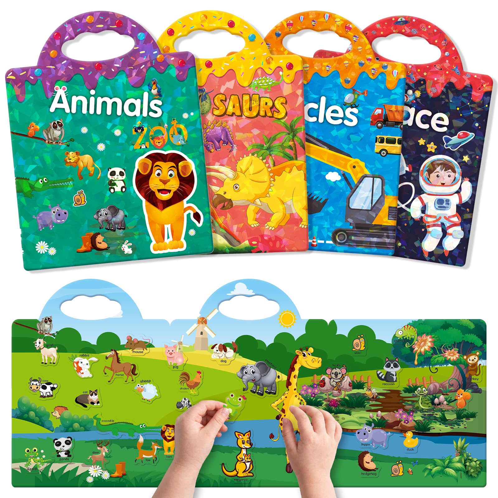 GUYUCOM Reusable Sticker Books - 4 Pack Toddler Travel Toys | Animal, Dinosaur, Space, Vehicles Themes