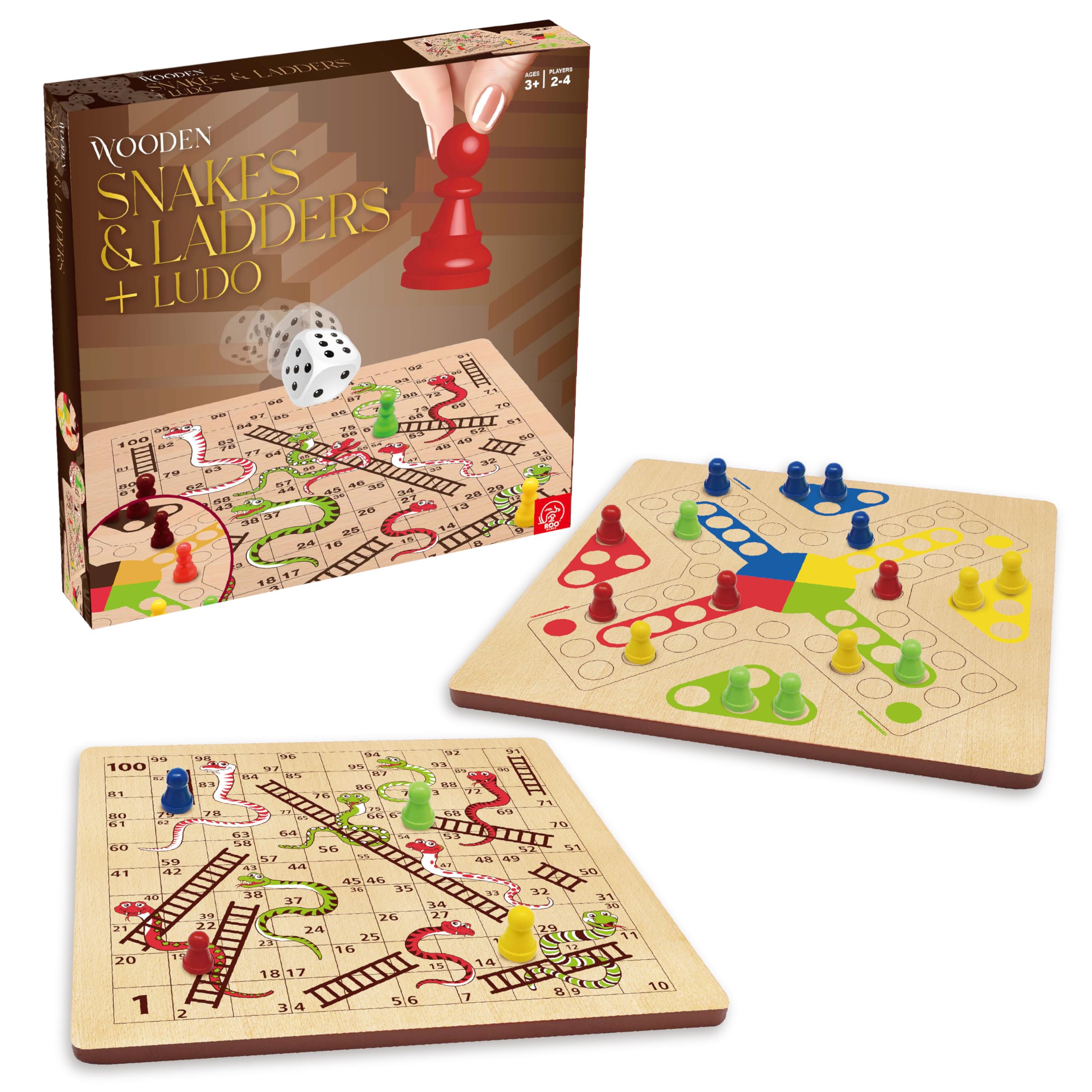 ROO GAMES Wooden Snakes and Ladders + Ludo Board Game – 2-in-1 Classic Family Game