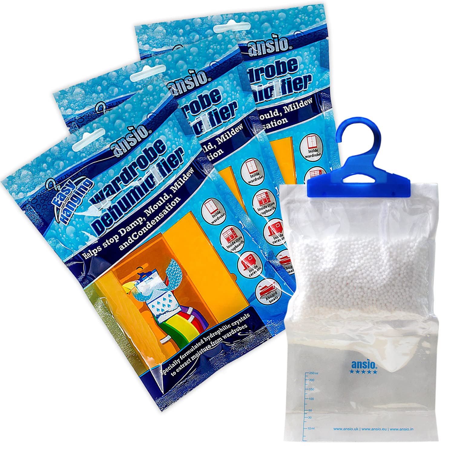 ANSIO Wardrobe Dehumidifier Disposable Hanging Bags - Pack of 3 | Absorbs Damp & Condensation 1