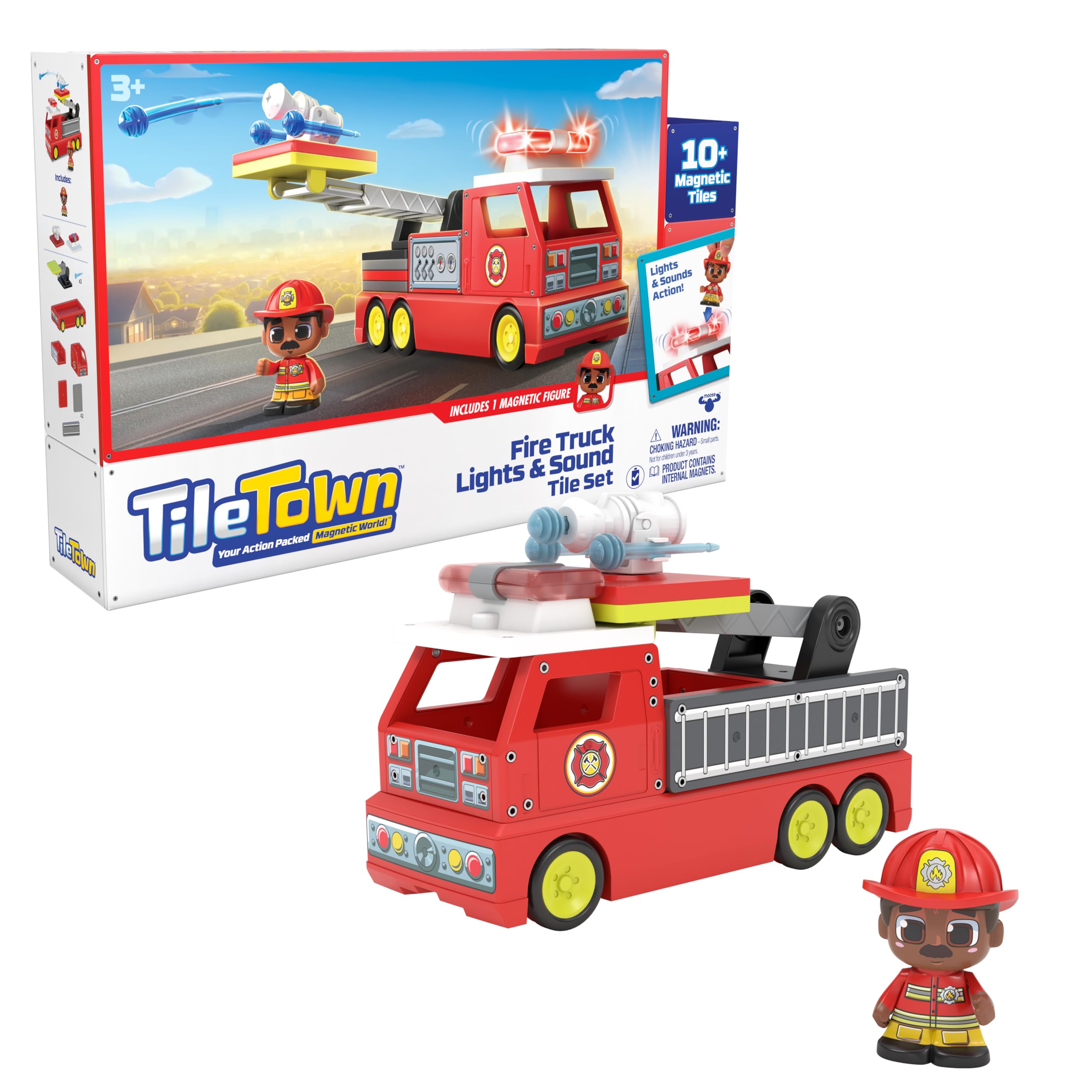 Tile Town Firetruck Magnetic Tiles Building Vehicle Playset with Lights & Sounds - 18-Piece STEM Set for Ages 3+