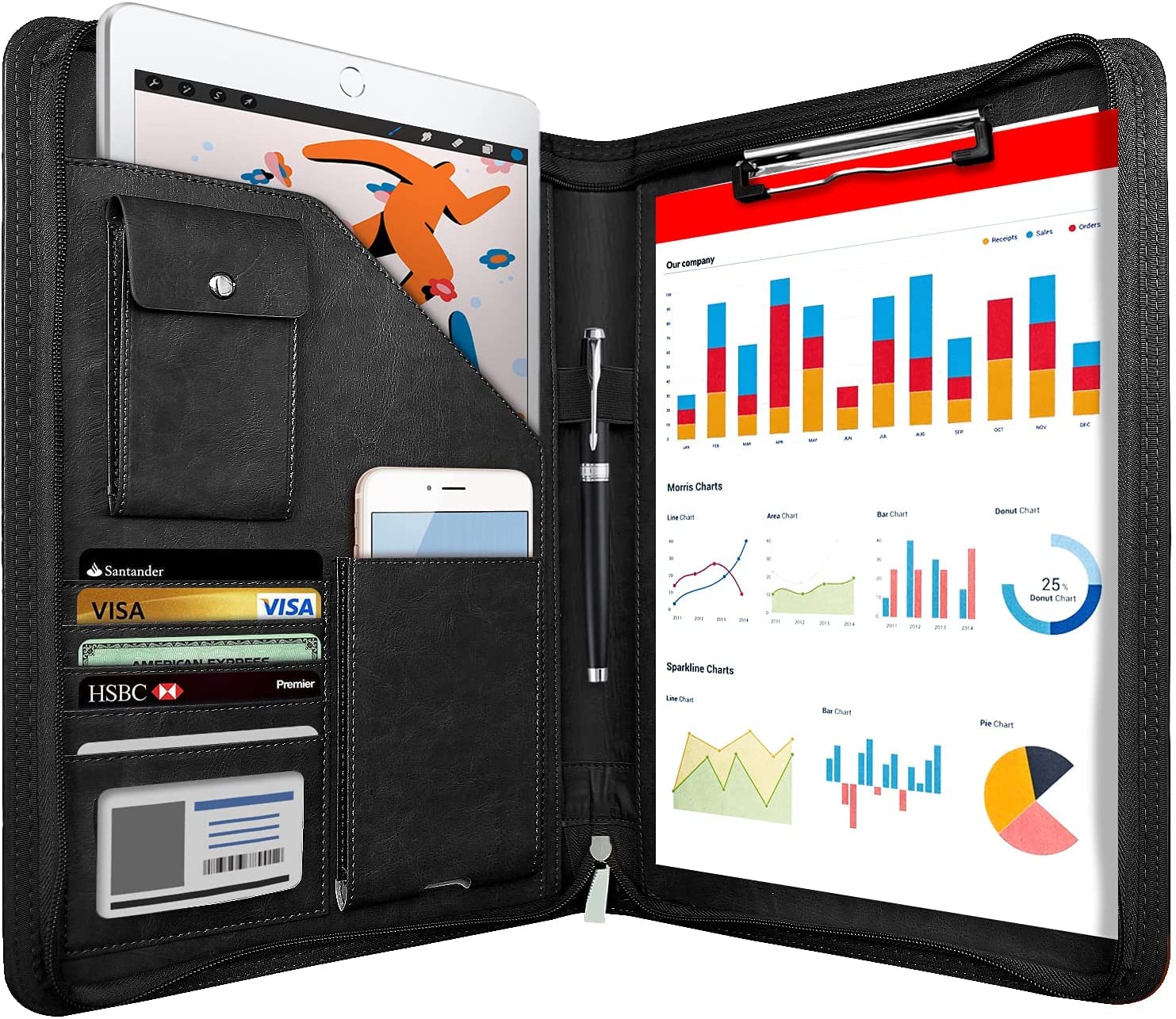 NEWYES Leather Zipper Conference Folder - A4 Size, Black PU Leather, Waterproof | 5 Card Slots 1