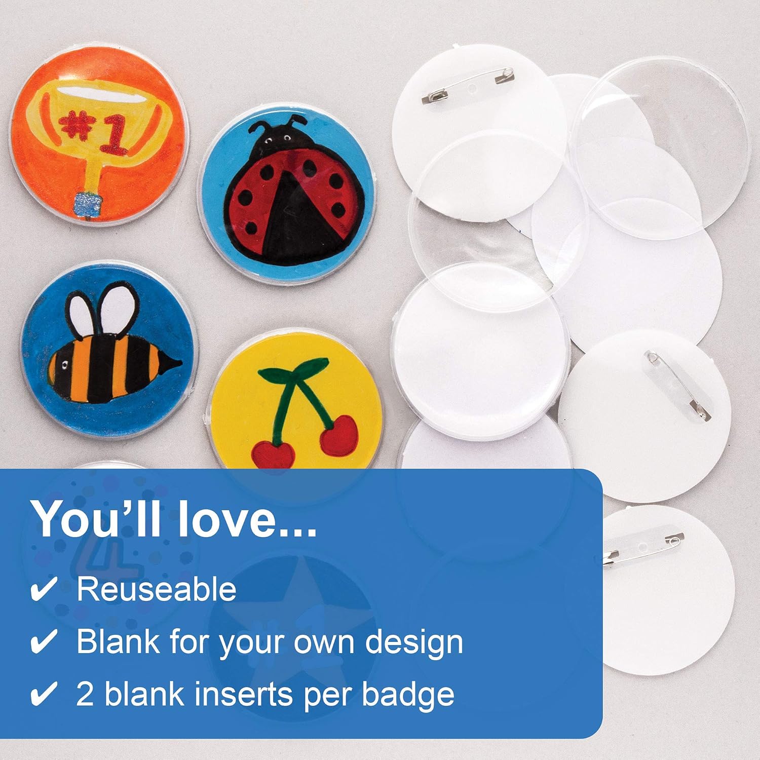 Baker Ross Design Your Own Badge Craft Kit (Pack of 10) - 5.5 cm White DIY Badges for Kids 5