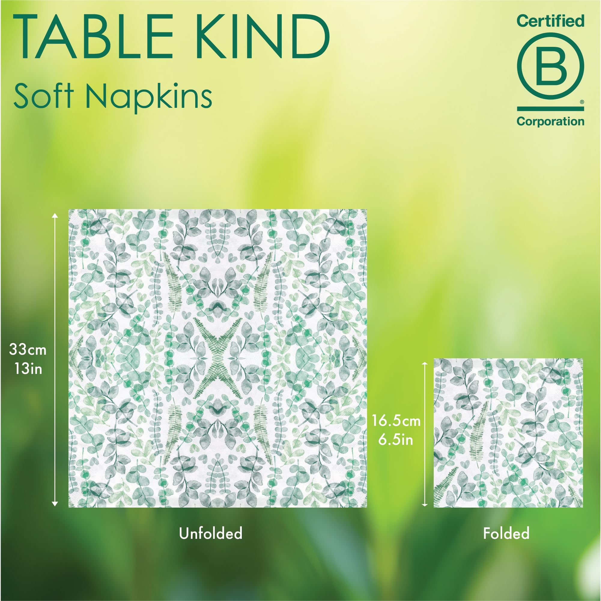 Talking Tables Green Leaves 2-Ply Soft Paper Napkins 100-Pack Eco-Friendly Compostable Disposable 33cm 6