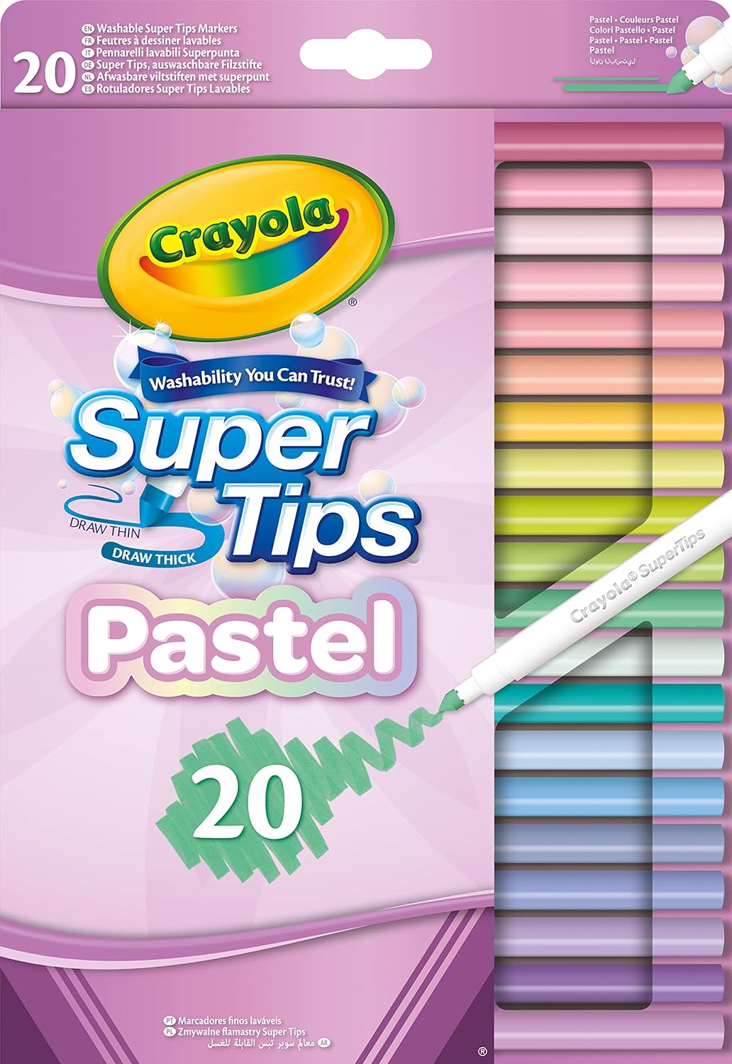 CRAYOLA Pastel SuperTips Washable Markers - 20 Count Conical Tip for Fine & Thick Strokes
