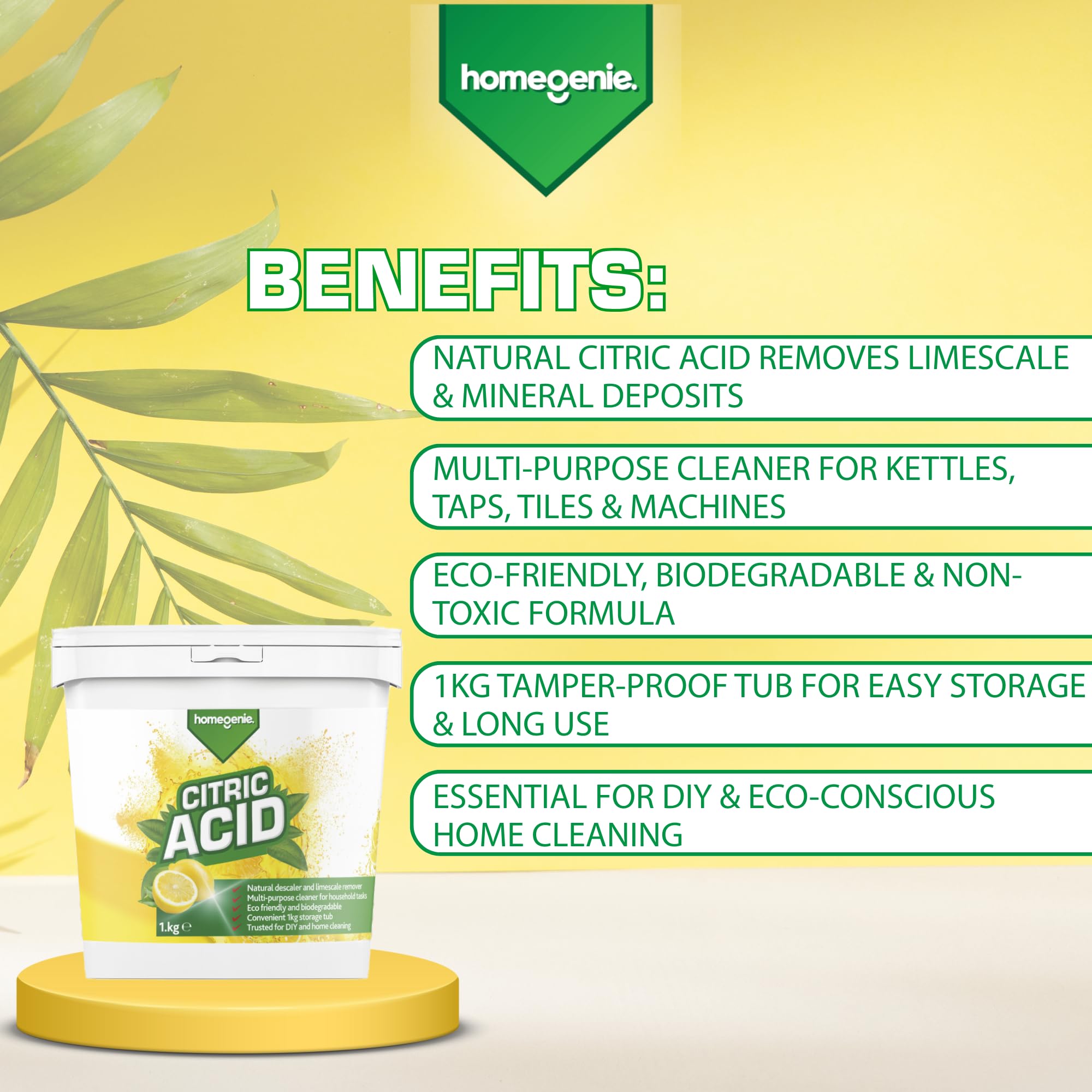 HomeGenie Citric Acid Powder - Natural Descaler & Multi-Purpose Cleaner | 1kg Unscented Powder