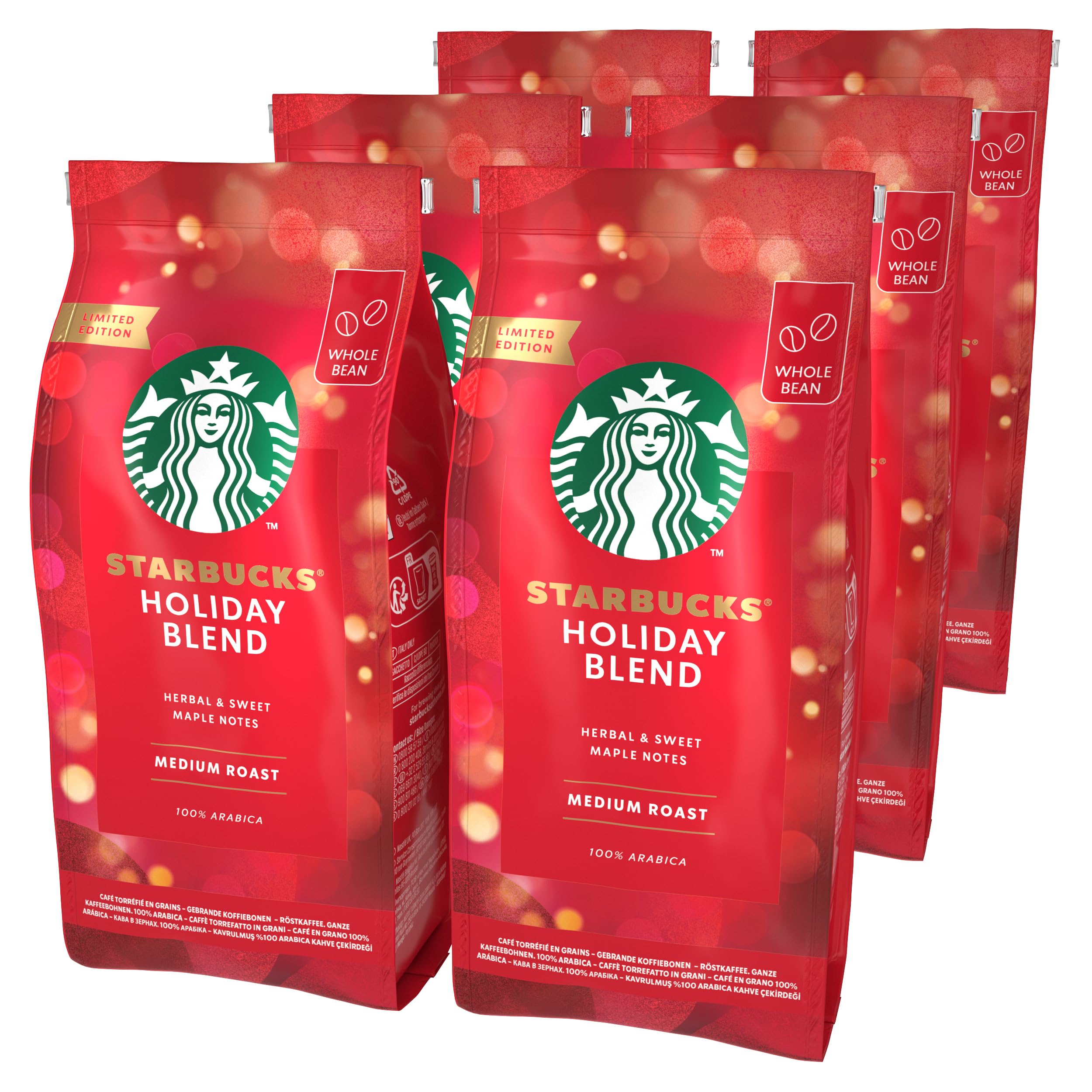 STARBUCKS Holiday Blend Medium Roast Whole Bean Coffee 190g (Pack of 6)