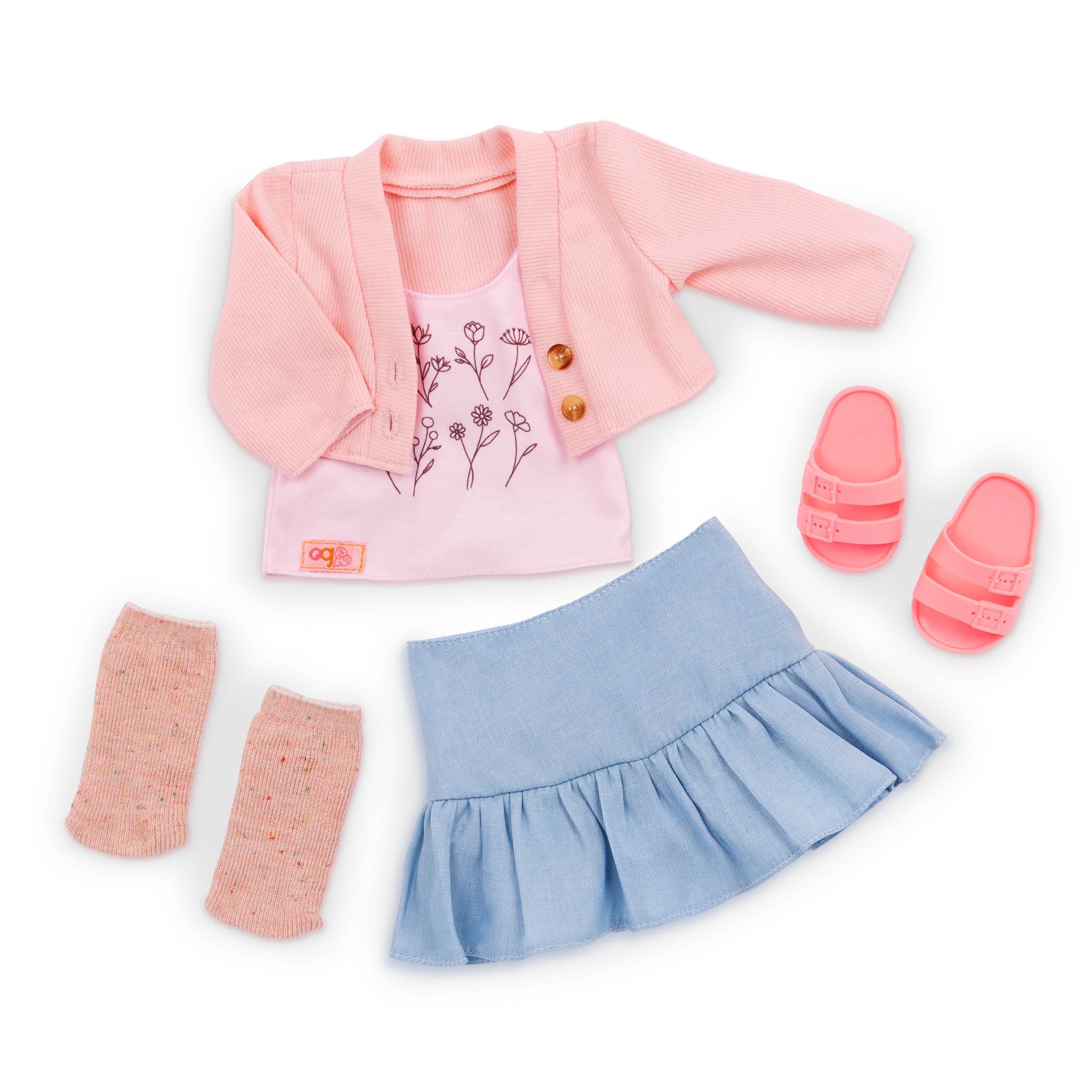 Our Generation 18-inch Doll Country Charm Outfit - Floral Top, Pink Sweater, Blue Skirt 1