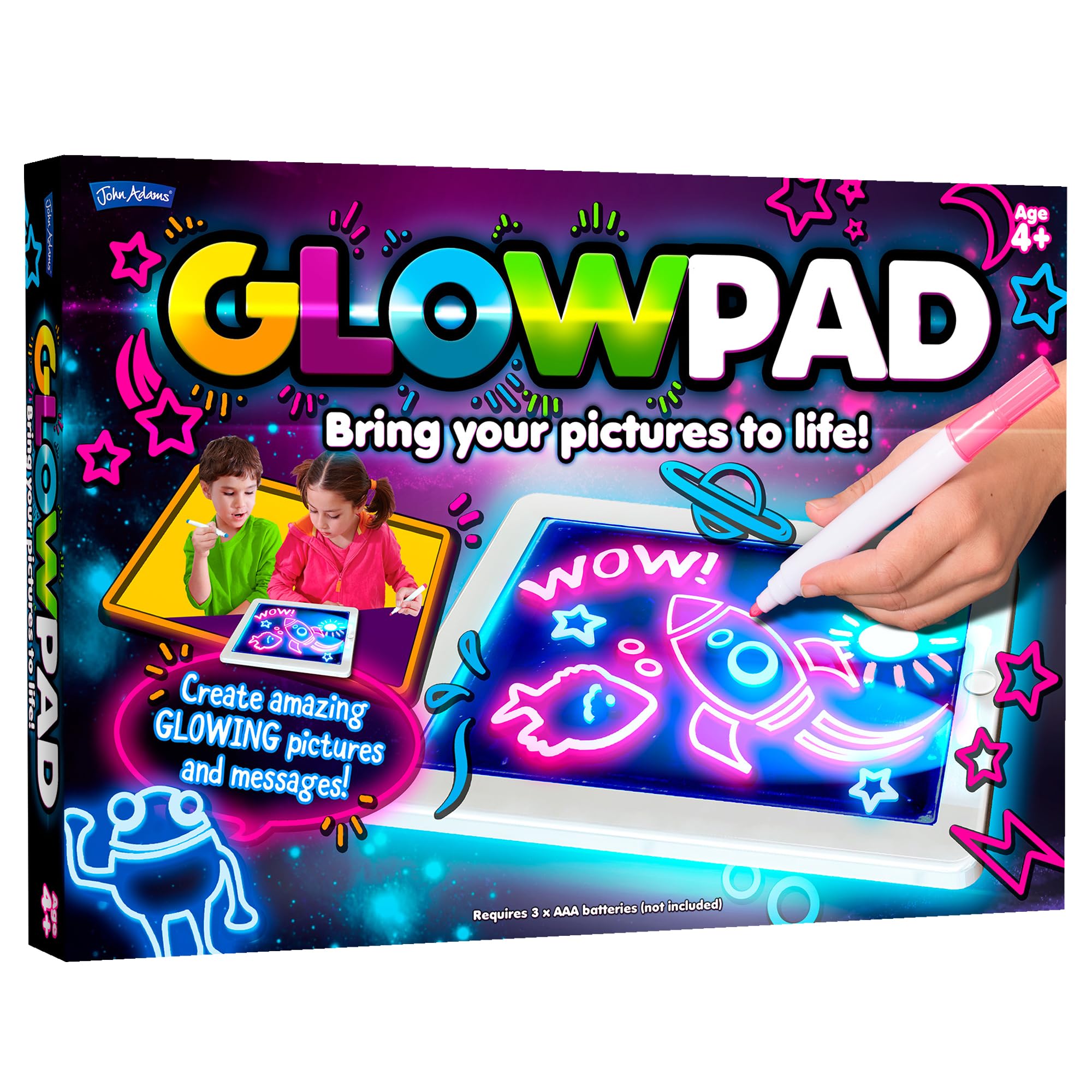 John Adams GLOWPAD - Light-Up Drawing Board with 8 Glow Modes & Neon Markers - Ages 4+